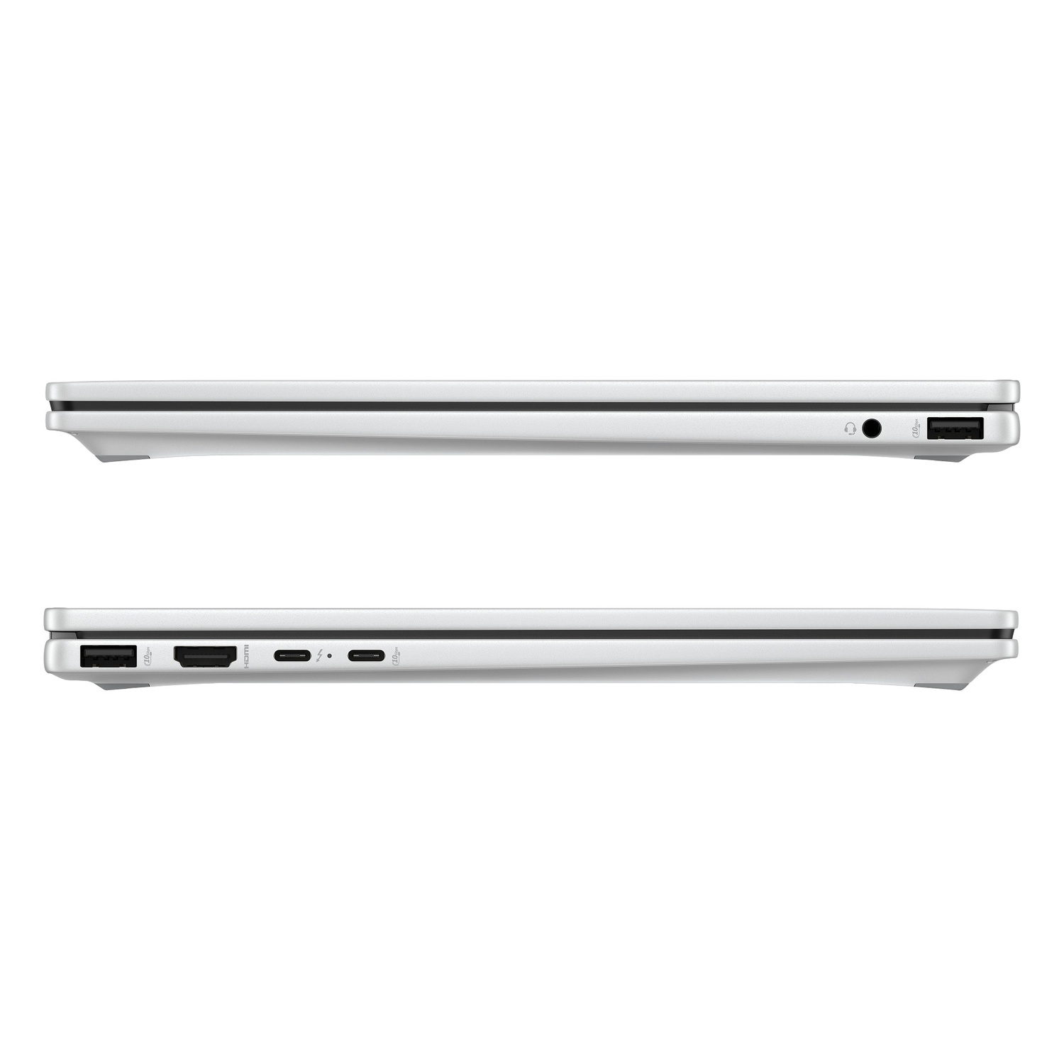 Two silver laptops side view, showing ports: USB, HDMI, audio jack, and USB-C. The laptops are on white background.