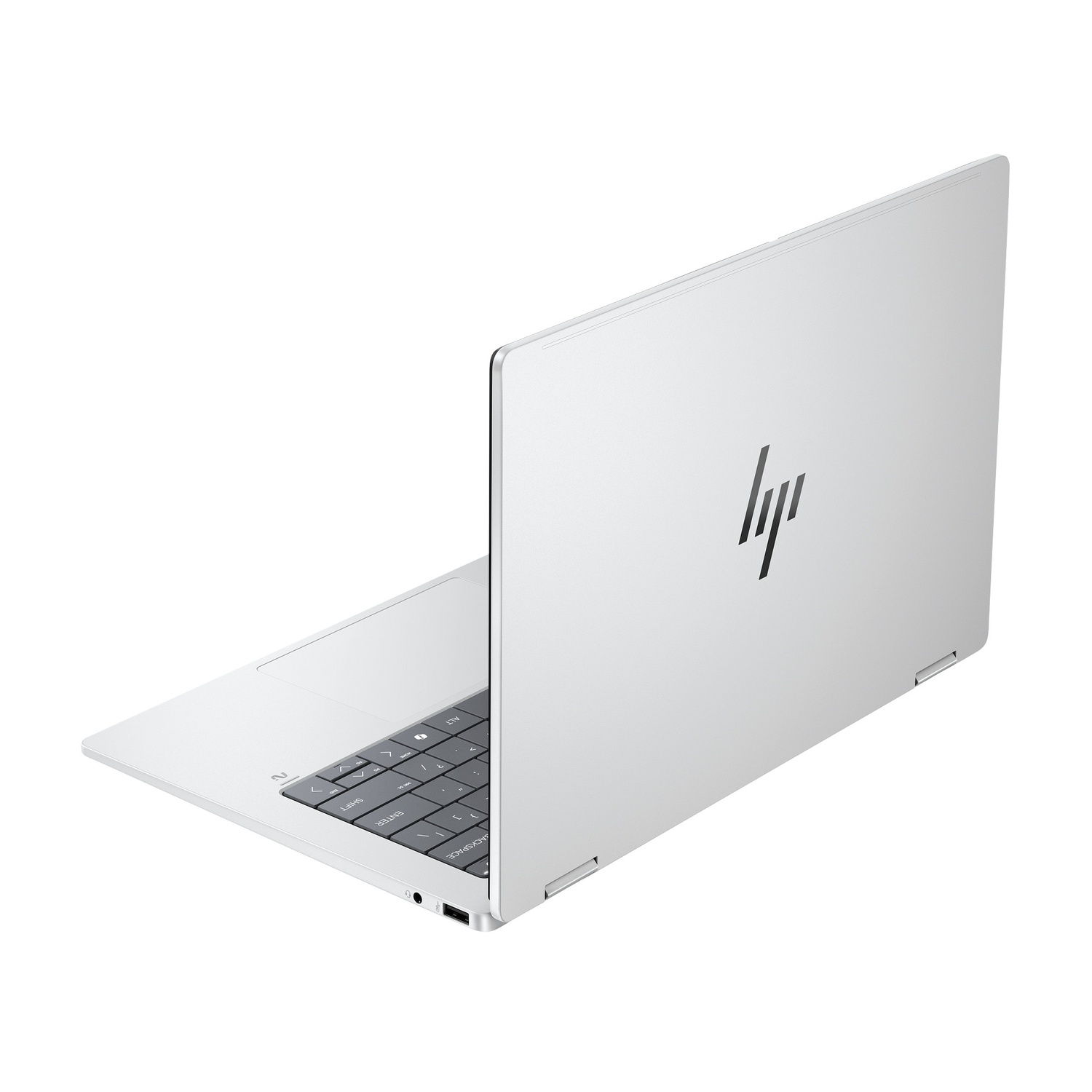 A silver HP laptop is slightly open, displaying the keyboard and the HP logo on the lid. The background is white.
