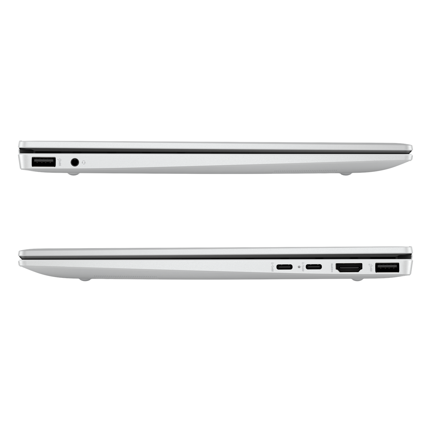 Two side views of a silver laptop against a black background. Top view shows USB port and audio jack. Bottom view shows various ports.