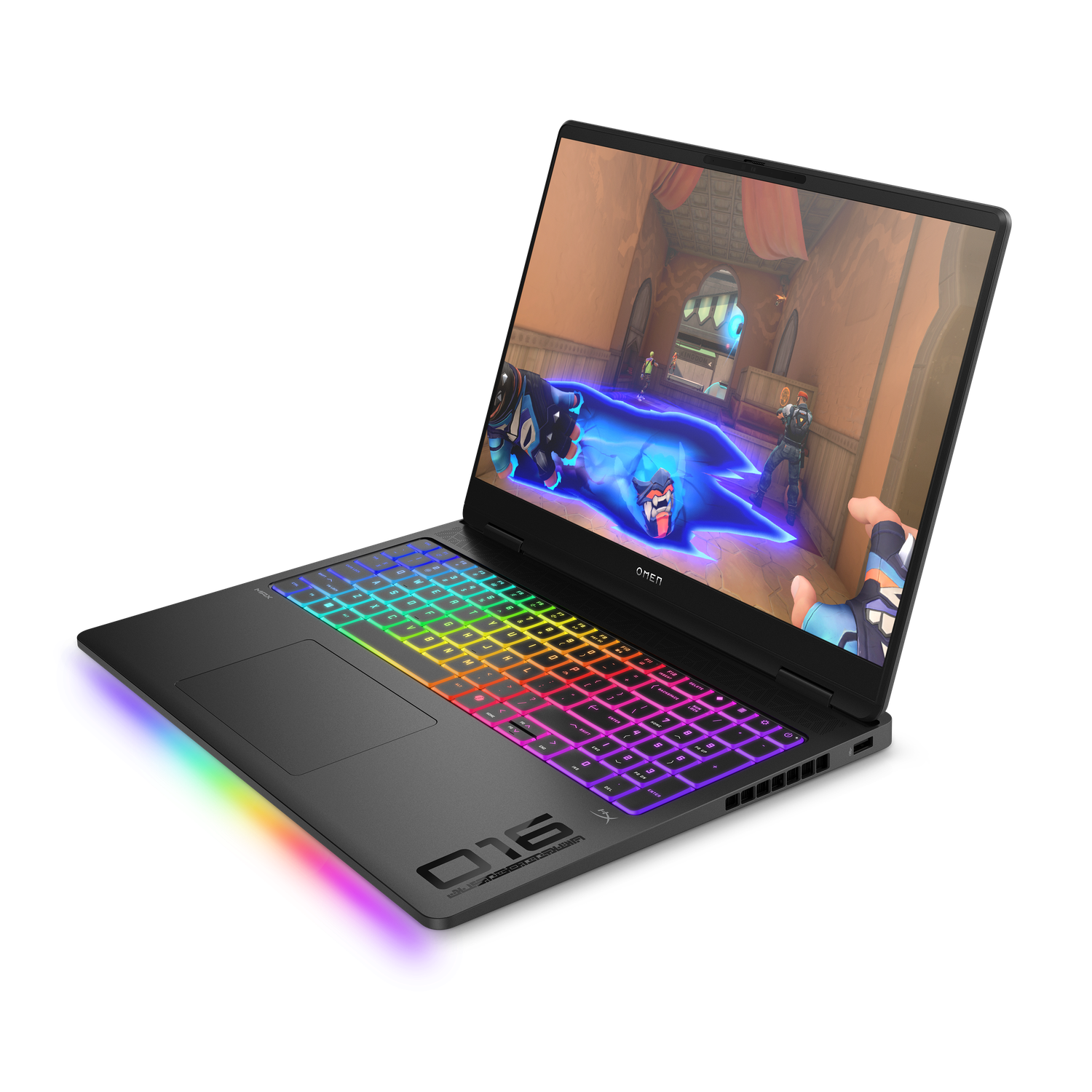 A black Omen laptop displays a video game. The keyboard has colorful lights. The screen shows a game with characters in a building.