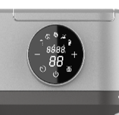 Nahaufnahme eines Digitaldisplays. Es zeigt '8888' über '88'. Knöpfe sind vorhanden, mit Symbolen.