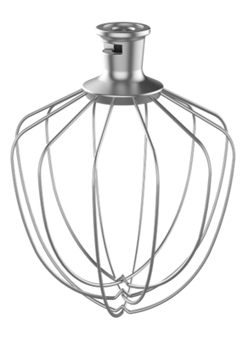 Ein metallischer Schneebesen-Aufsatz für einen Mixer mit rundem Sockel und nach unten verlaufenden Drahtschlaufen. Der Hintergrund ist schwarz.