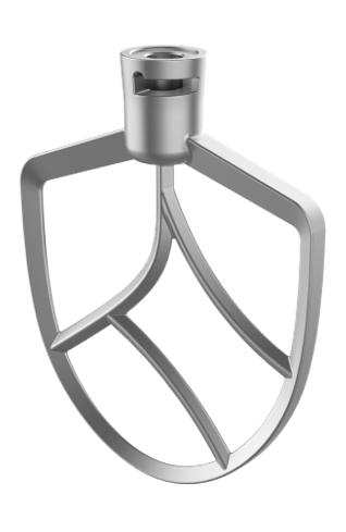 Ein Metall-Rührpaddel für eine Küchenmaschine. Es hat eine zentrale zylindrische Nabe und ein schildförmiges Rührelement.
