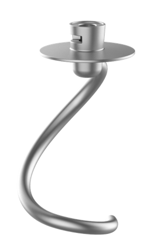 Ein Teighaken aus Metall für einen Mixer. Er hat einen gebogenen Arm und eine kreisförmige Basis mit zylindrischem Aufsatz.
