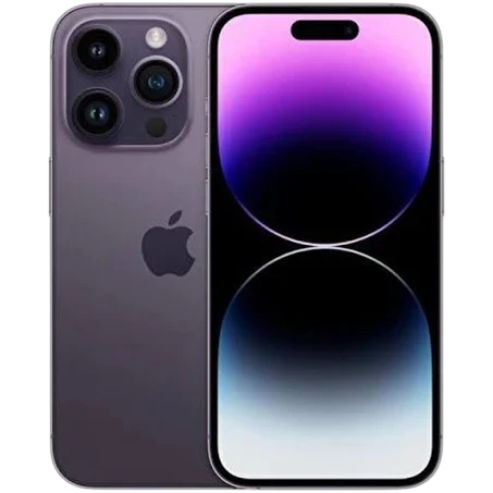 Siyah bir arka plan üzerinde, kameraları ve ön ekranı gösteren mor bir iPhone Pro.