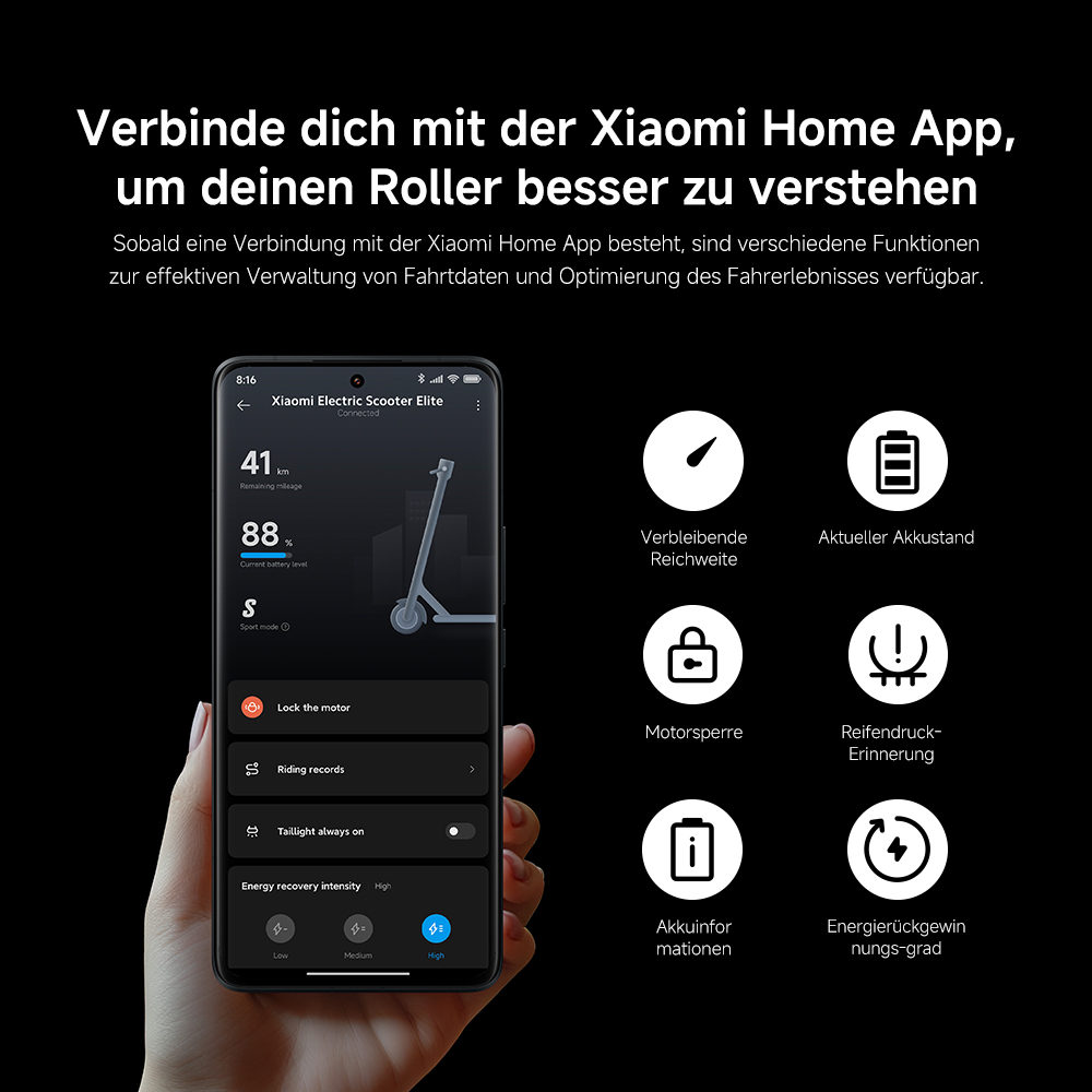 Ein Telefon zeigt eine Roller-App mit Batterielebensdauer und Einstellungen. Der Hintergrund ist schwarz mit weißen Symbolen und deutschem Text.