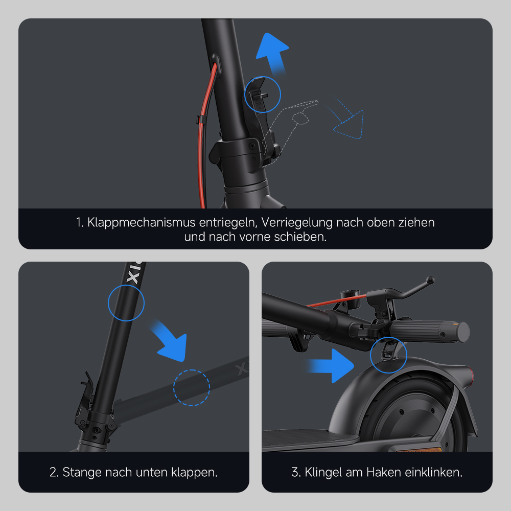 Anleitung zum Zusammenklappen eines E-Scooters: Entriegeln, hochziehen und den Riegel verschieben; Stiel runterklappen; Klingel einhaken.