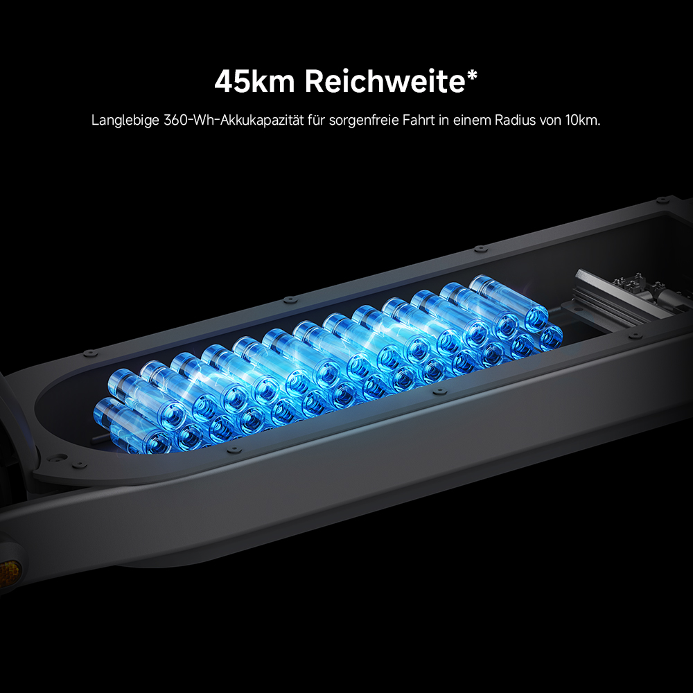 Ein Akku-Pack für einen Elektroroller mit leuchtend blauen Zellen. Text: 45 km Reichweite und 360-Wh-Akkukapazität.