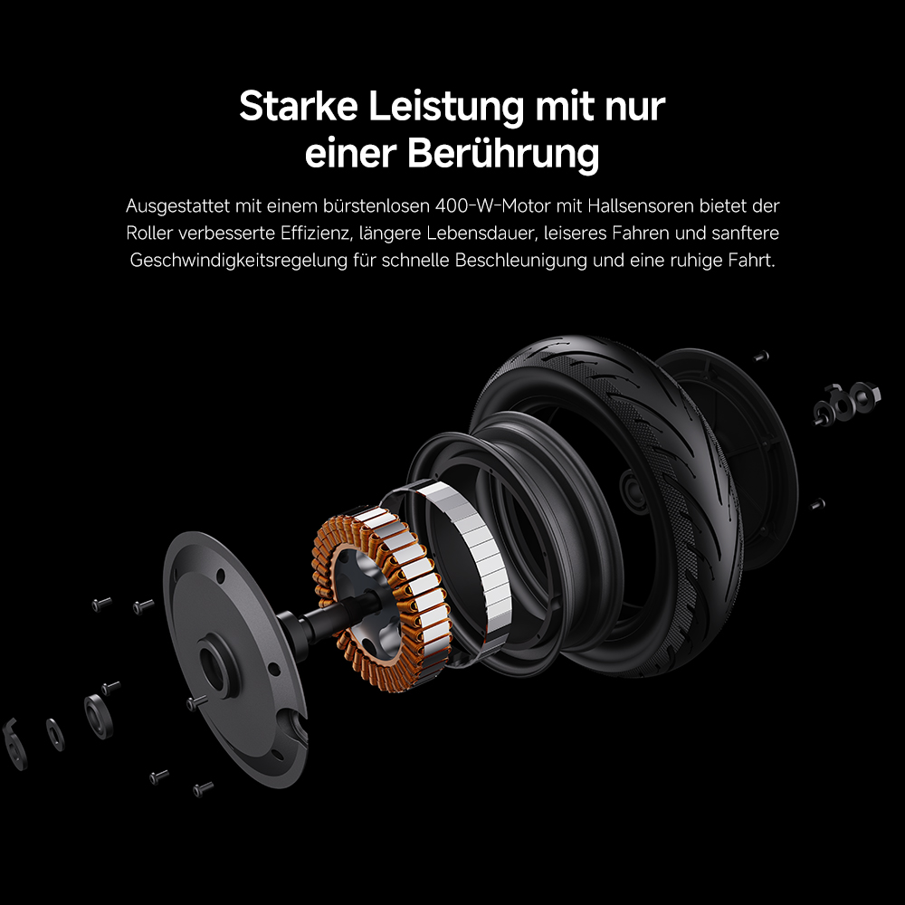 Explosionszeichnung eines Elektroroller-Rads. Die Radteile sind getrennt, mit Reifen, Motor und anderen Komponenten.
