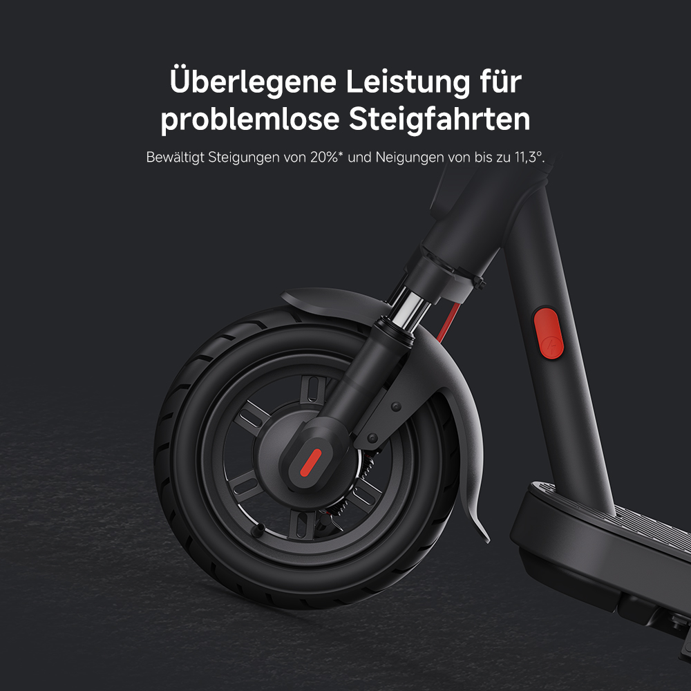 Schwarzer Elektroroller. Vorderrad und Rahmen sichtbar. Text oben: Überlegene Leistung für müheloses Klettern.