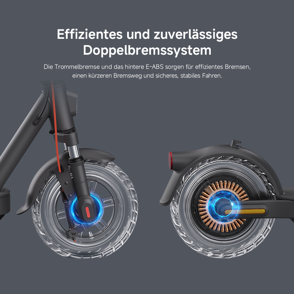 Das Bild zeigt eine Nahaufnahme der Räder und Bremsen eines Elektrorollers. Der Text weist auf das effiziente Bremssystem hin.