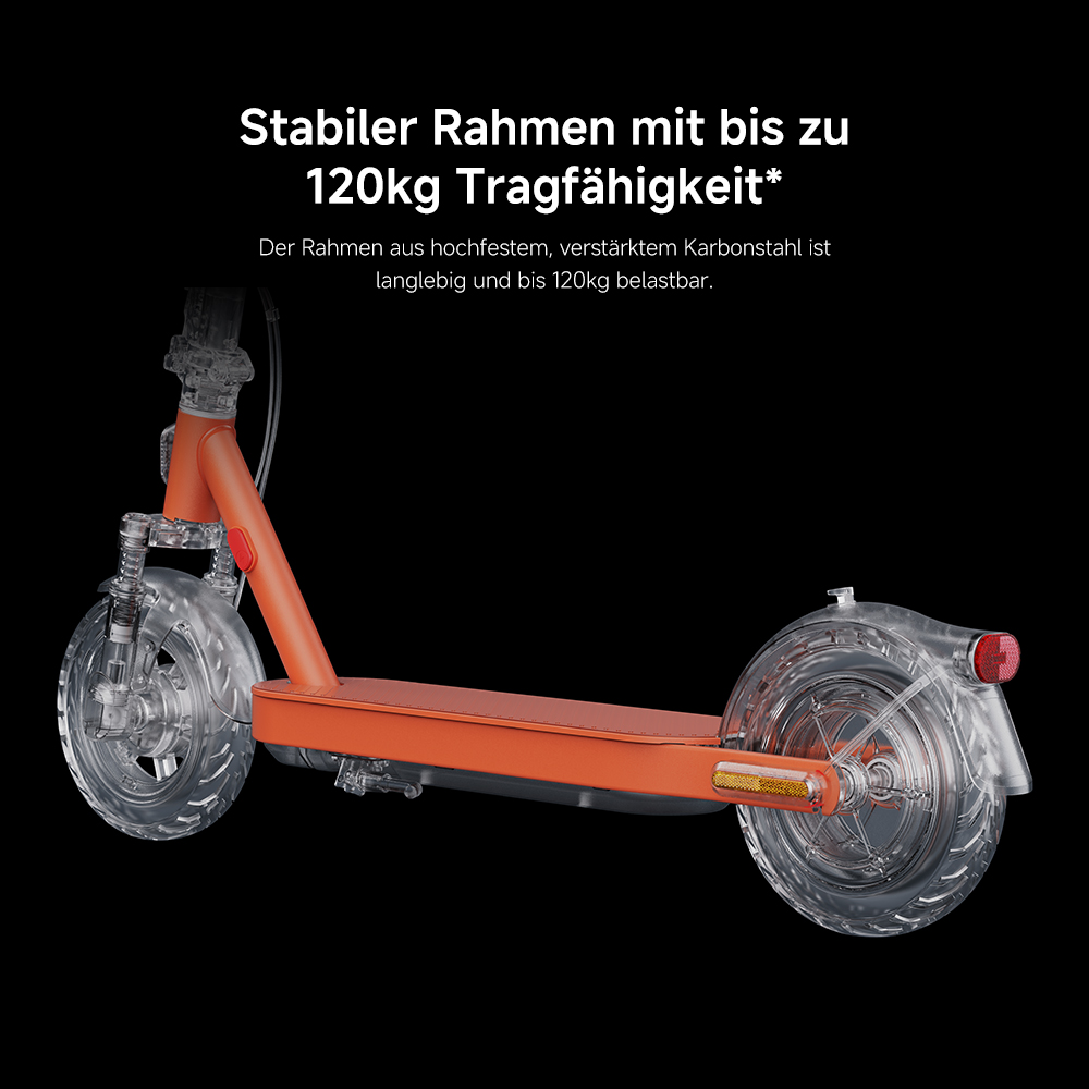 Ein orangefarbener Elektroroller mit transparenten Rädern wird vor schwarzem Hintergrund gezeigt. Text oben hebt seinen stabilen Rahmen hervor.