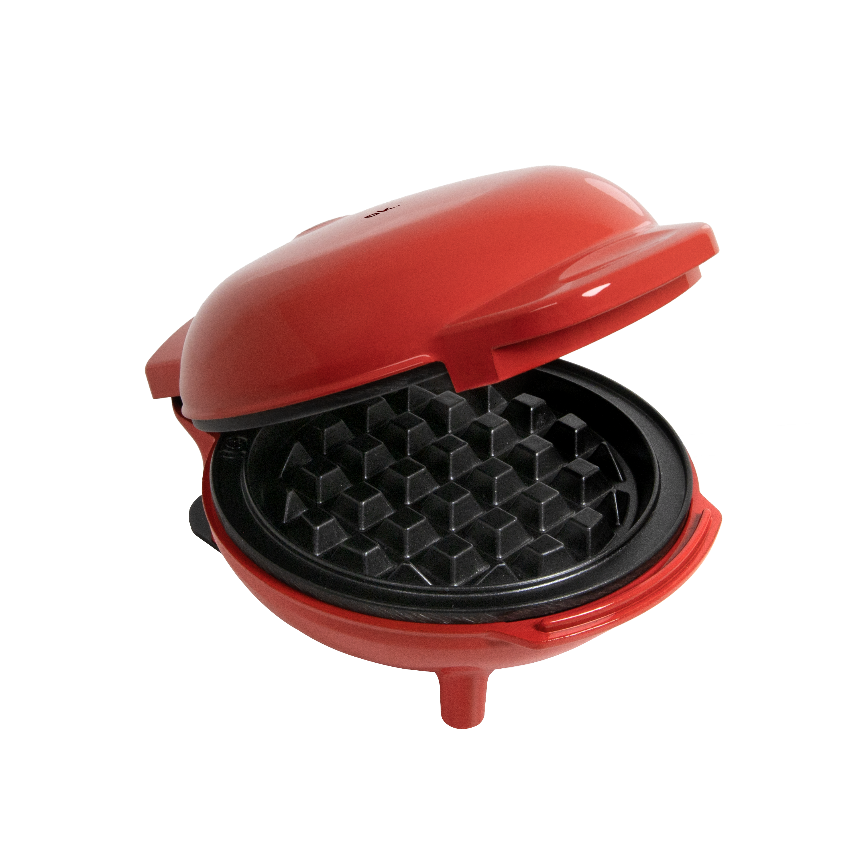 Roter Waffeleisen, offen, auf schwarzem Hintergrund. Der Innenraum ist schwarz mit einem Gittermuster.