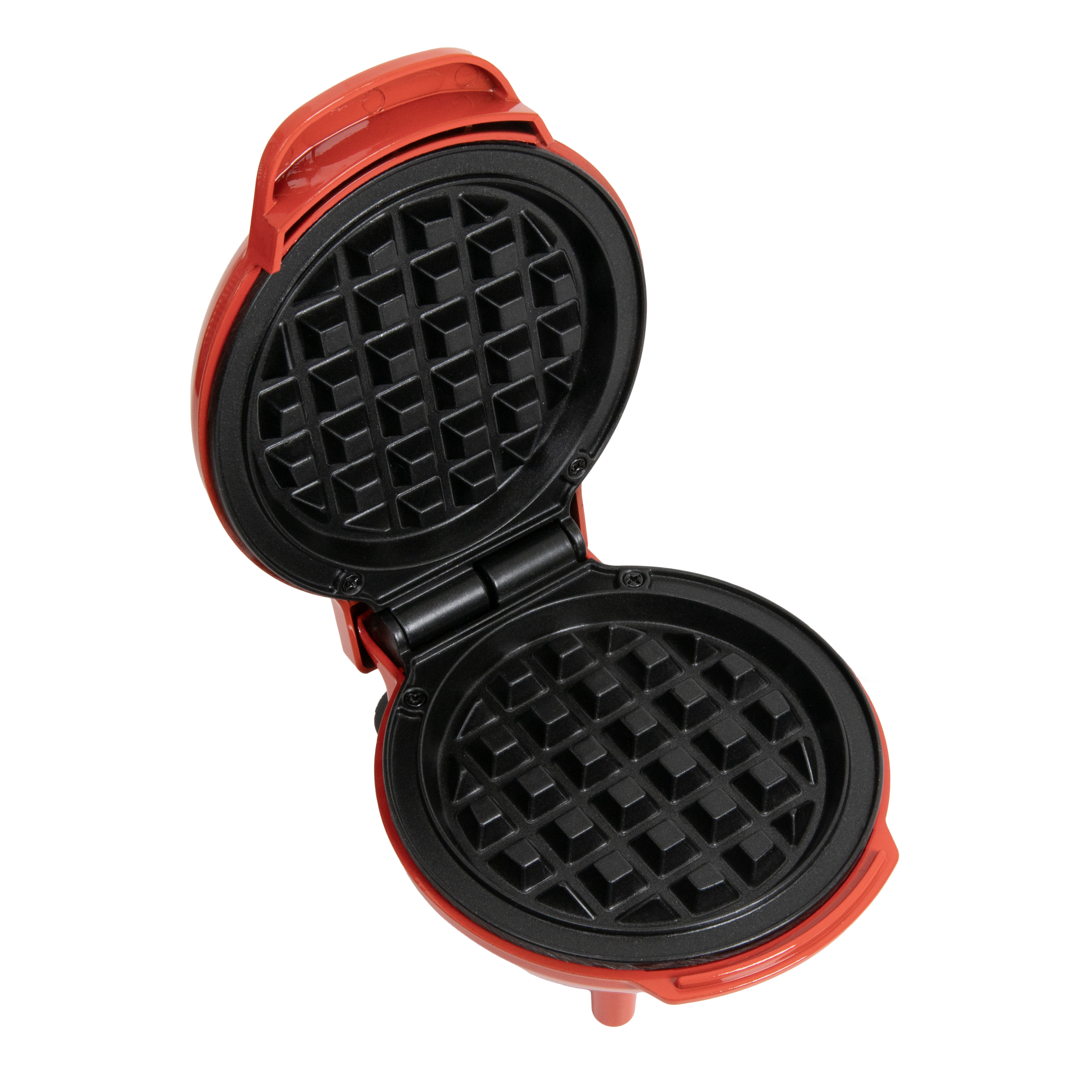 Ein offener roter Waffeleisen auf schwarzem Hintergrund. Das Innere ist schwarz mit Waffelmuster. Der Deckel ist offen.