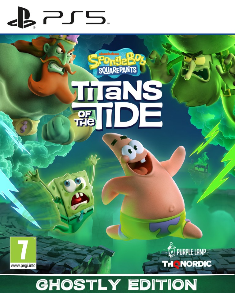 Okładka gry SpongeBob SquarePants: Titans of the Tide. Postacie to SpongeBob, Patryk i duchy na zielonym tle.
