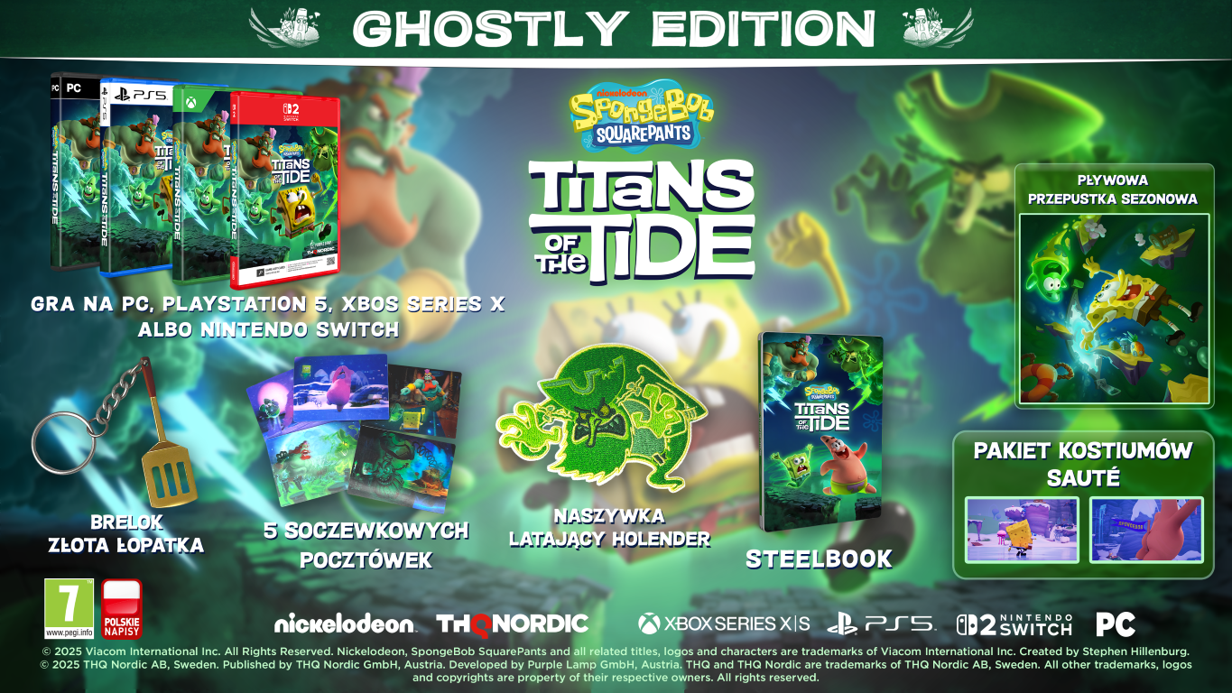 Reklama gry SpongeBob Kanciastoporty. Zawiera pudełka z grami, brelok, naszywki i pocztówki. Posiada upiorny zielony motyw.