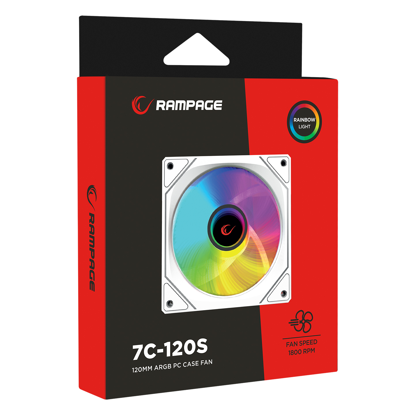 Bir PC kasası fan kutusu. Ortada gökkuşağı renkli bir fan var. Marka RAMPAGE ve model 7C-120S.