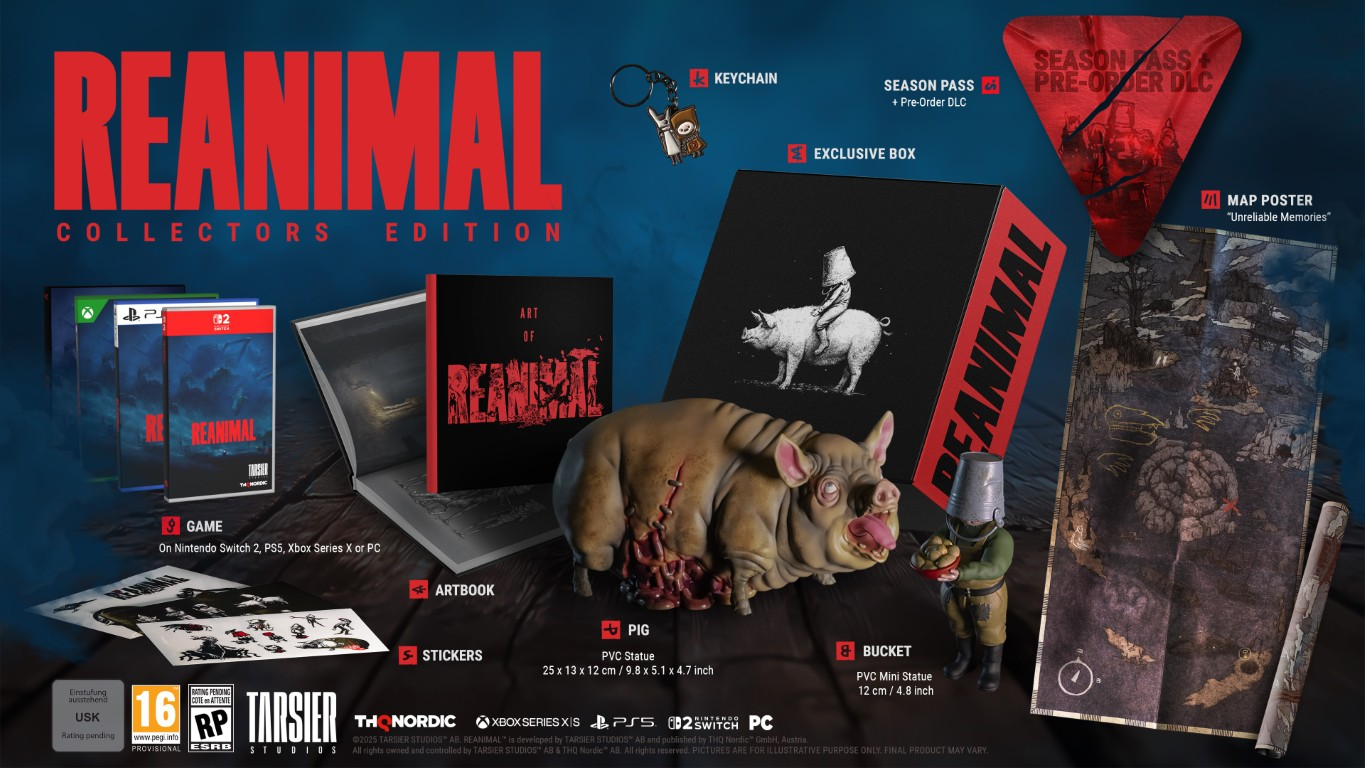 Edycja Kolekcjonerska gry Reanimal. Zawiera grę, artbook, naklejki, figurkę świni, brelok, przepustkę sezonową, mapę i figurkę wiadra.