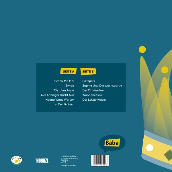 Albumcover mit Text, der Songs für die Seiten A und B auflistet. Eine Cartoon-Krone verziert die rechte Seite. Ein 'Baba'-Aufkleber unten.