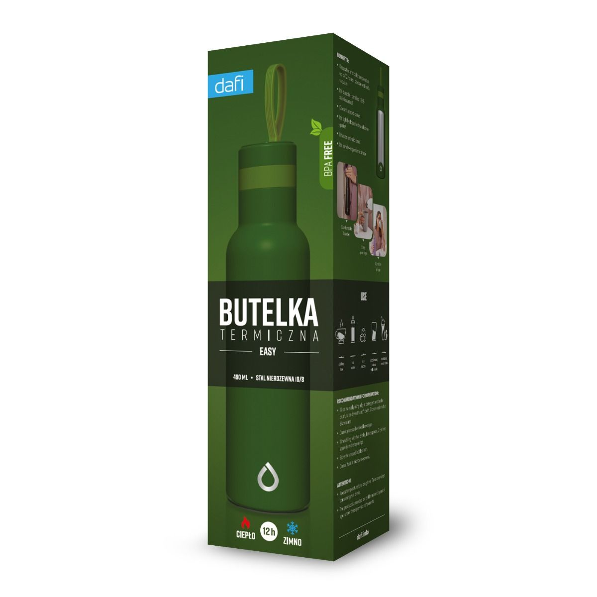 Zielona butelka na zielonym pudełku z tekstem. Butelka z napisem 'BUTELKA TERMICZNA EASY'. Pudełko z logo 'dafi' i etykietą BPA free.