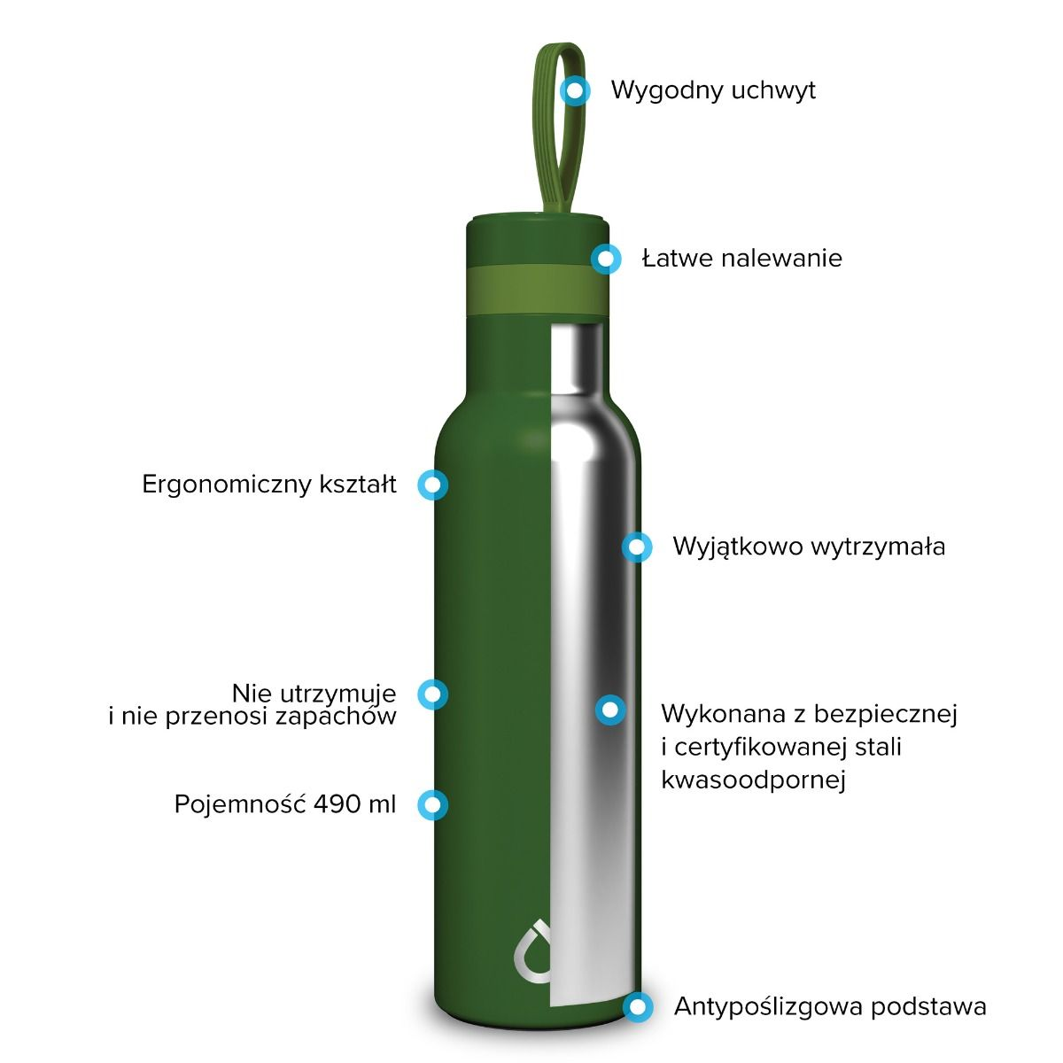 Zielona i srebrna butelka na wodę z uchwytem, ergonomicznym kształtem i antypoślizgową podstawą. Ma pojemność 490 ml i jest wykonana ze stali nierdzewnej.