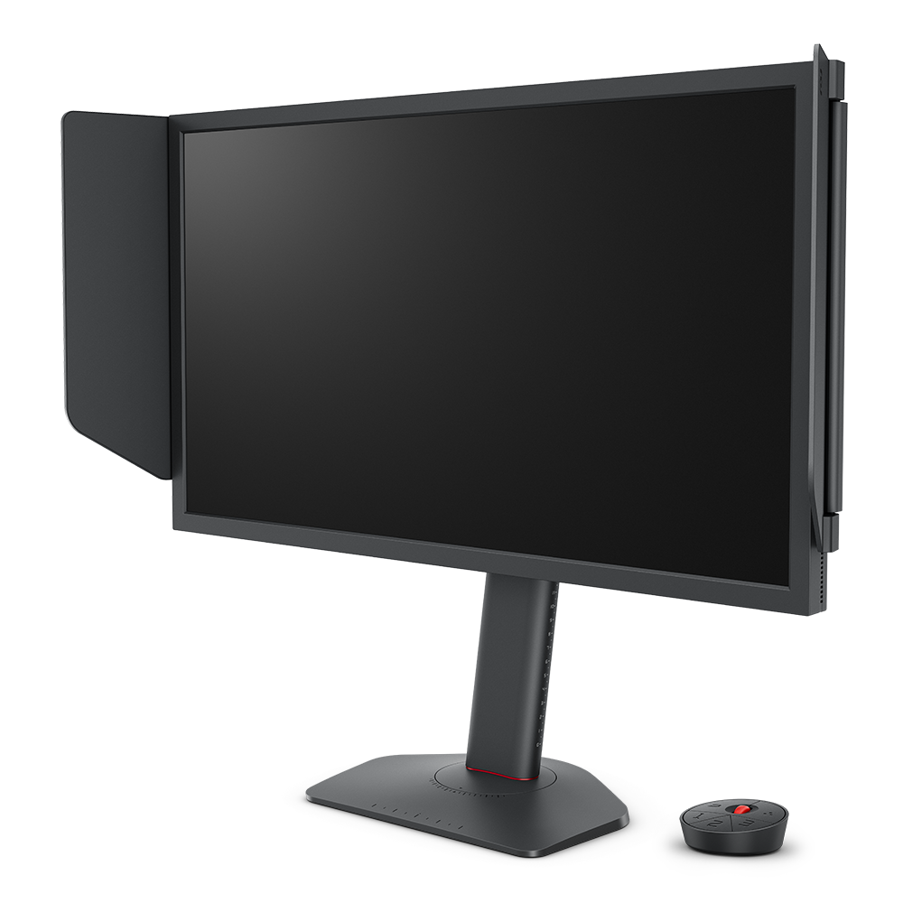 Ein schwarzer Computermonitor mit Blendschutz steht auf einem Ständer. Ein schwarzer Steuerpuck befindet sich auf dem Sockel. Der Hintergrund ist weiß.