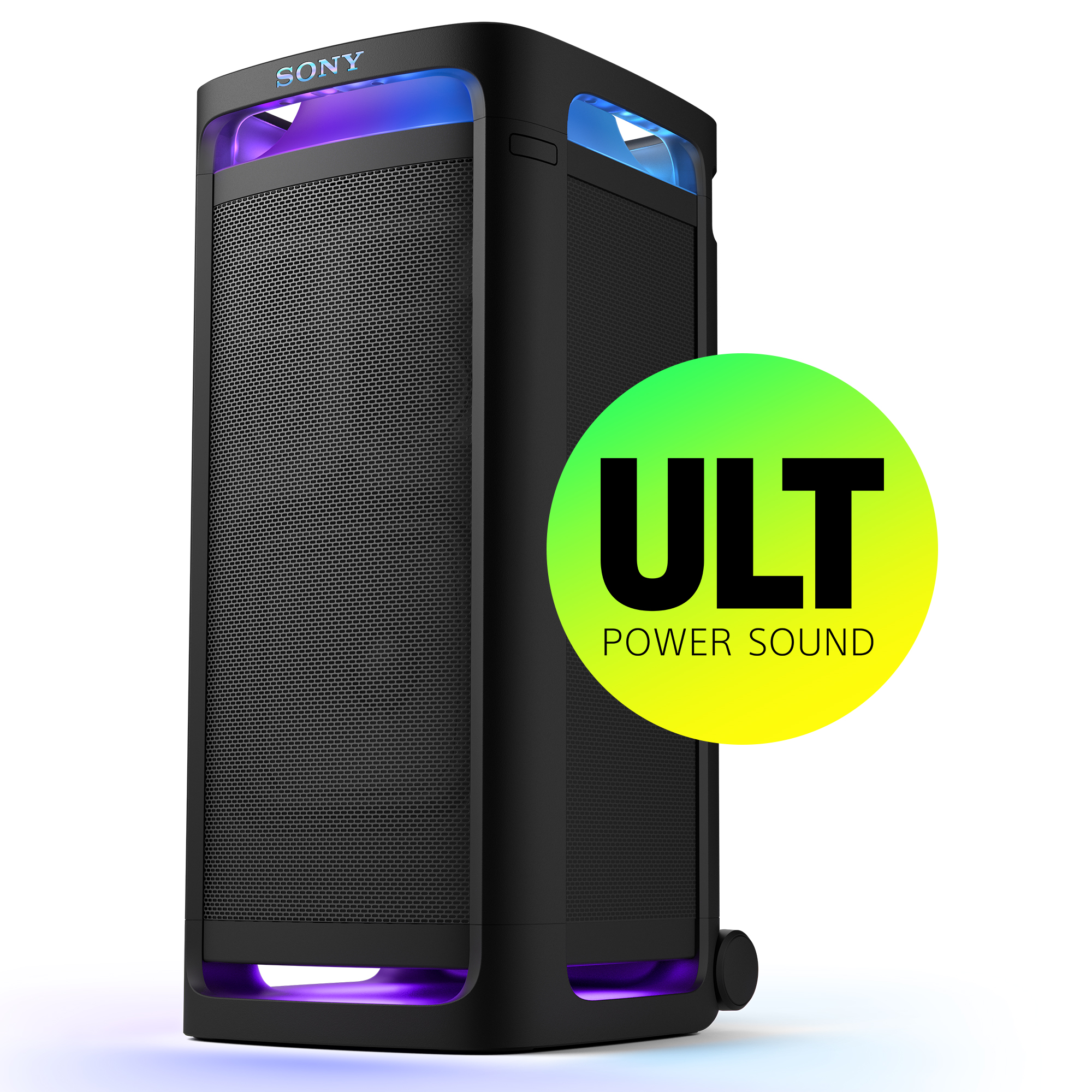 Czarny głośnik Sony ULT Power Sound. Ma oświetlenie LED, siatkowy przód i logo ULT.