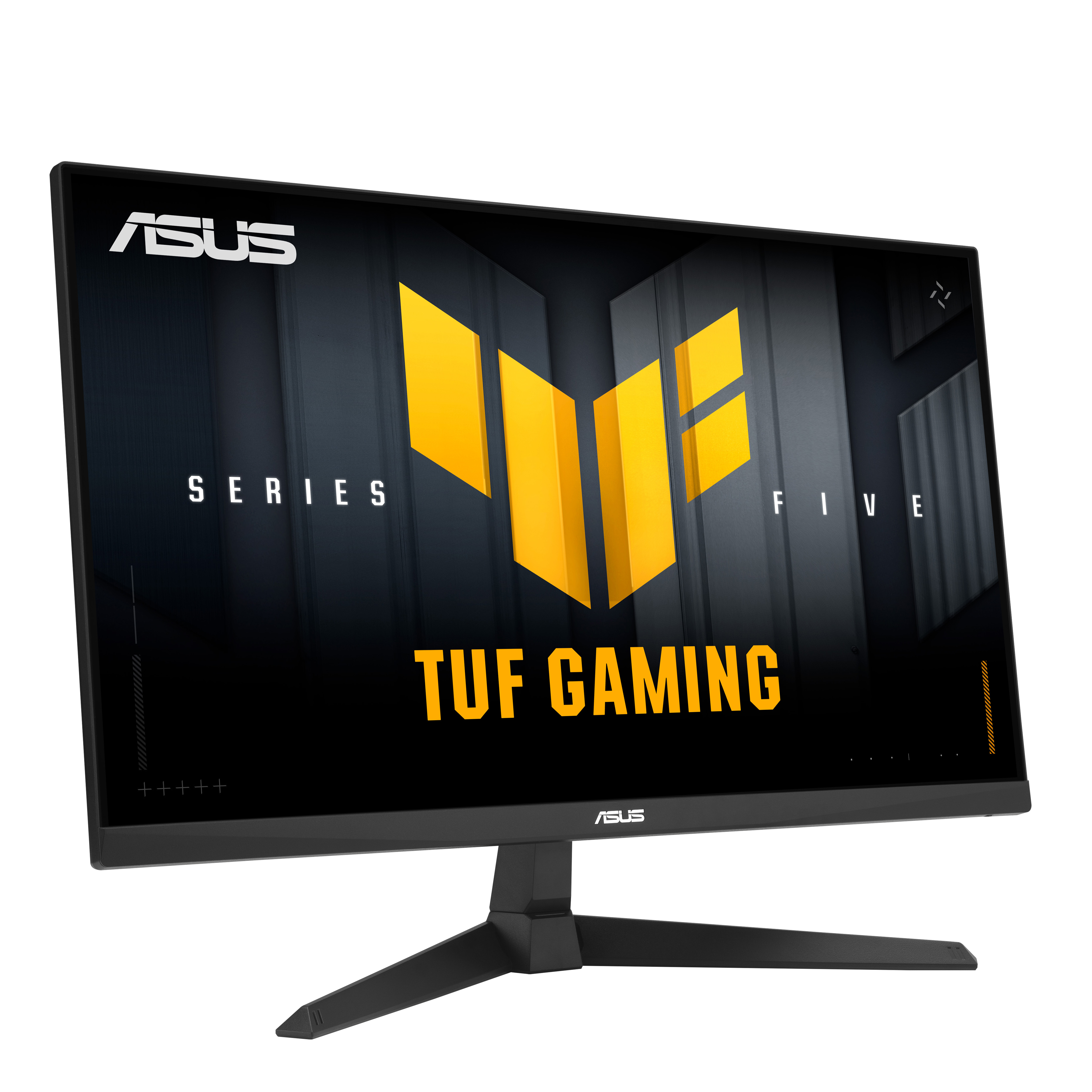 Schwarzer ASUS TUF Gaming Monitor, leicht angewinkelt. Der Bildschirm zeigt ein gelbes Logo auf dunklem Hintergrund.