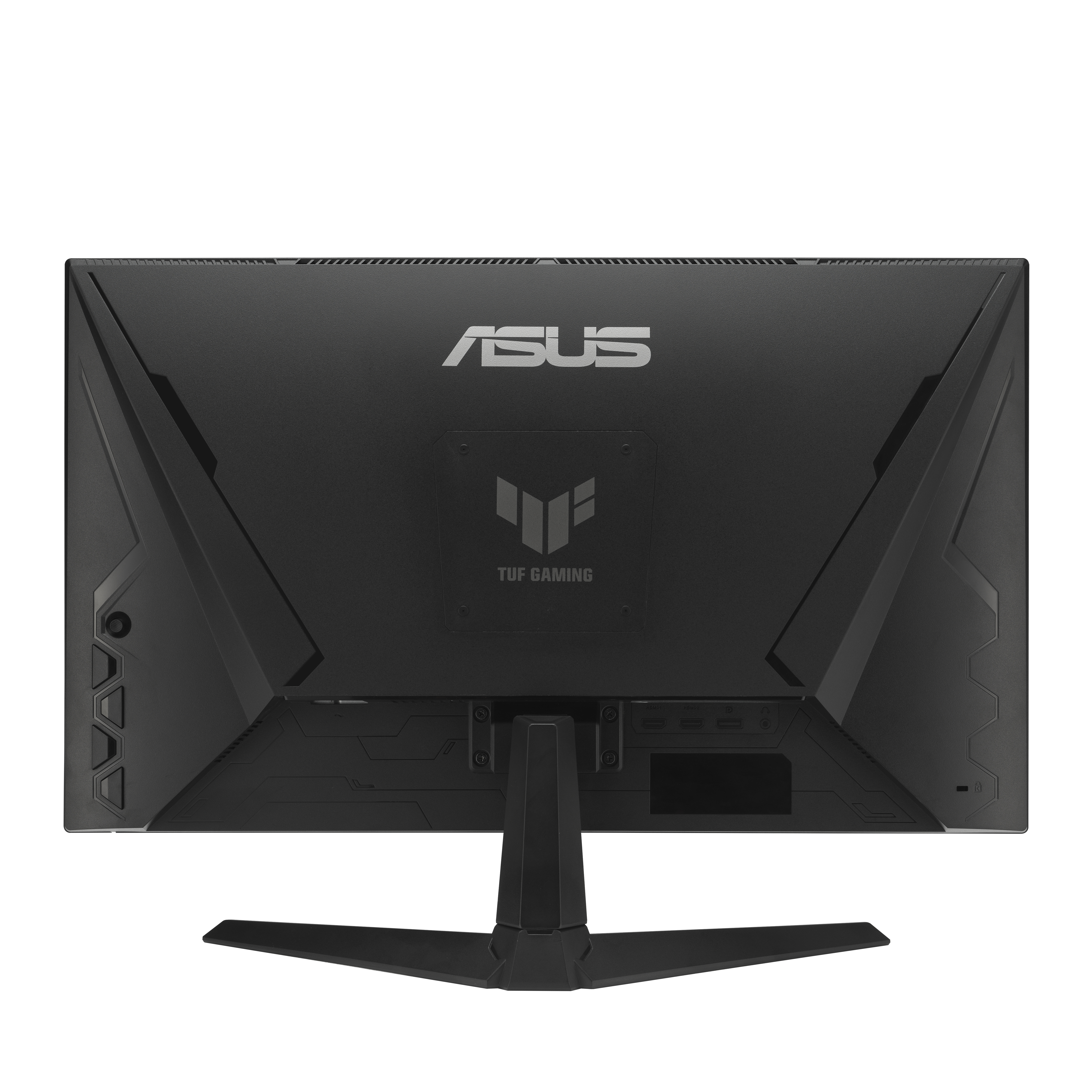Rückseite eines schwarzen ASUS TUF Gaming Monitors. Mit ASUS-Logo, TUF Gaming-Logo und verschiedenen Anschlüssen.