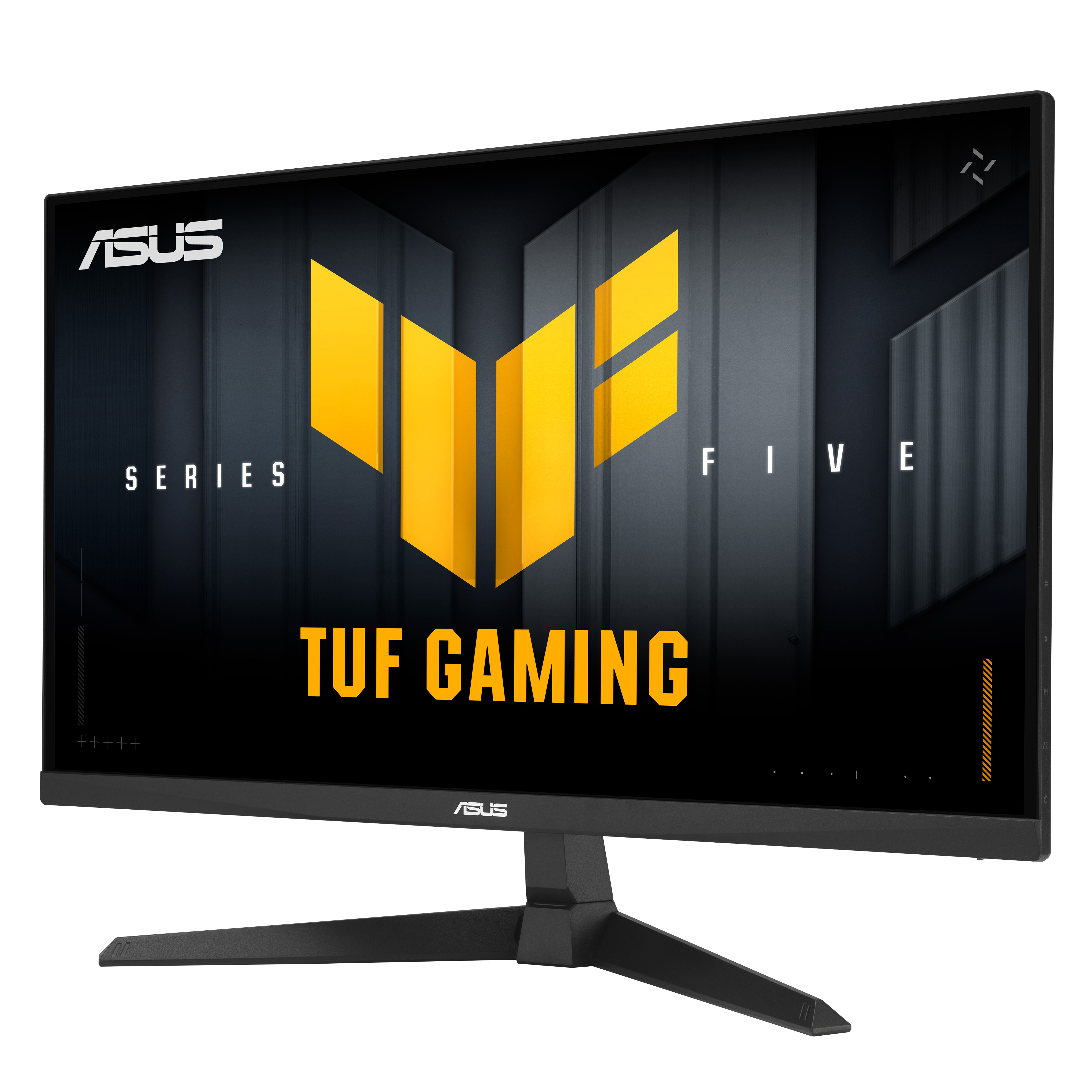 Ein schwarzer Asus TUF Gaming Monitor. Der Bildschirm zeigt ein gelbes Logo auf schwarzem Hintergrund. Der Ständer ist auch schwarz.