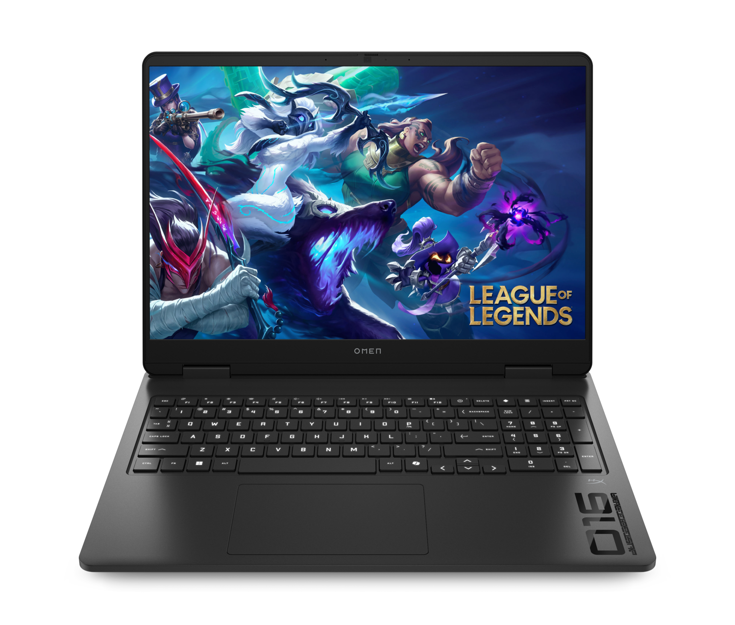 Un portátil negro muestra una escena del juego League of Legends. Se ve el teclado. El portátil está sobre una superficie negra.