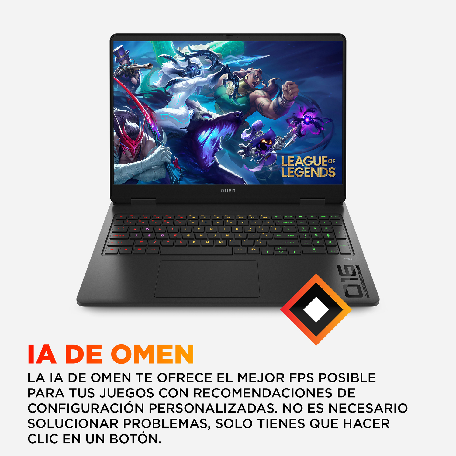 Portátil Omen negro con juego League of Legends en pantalla. Teclado colorido, logotipo y texto abajo. Texto IA de Omen.