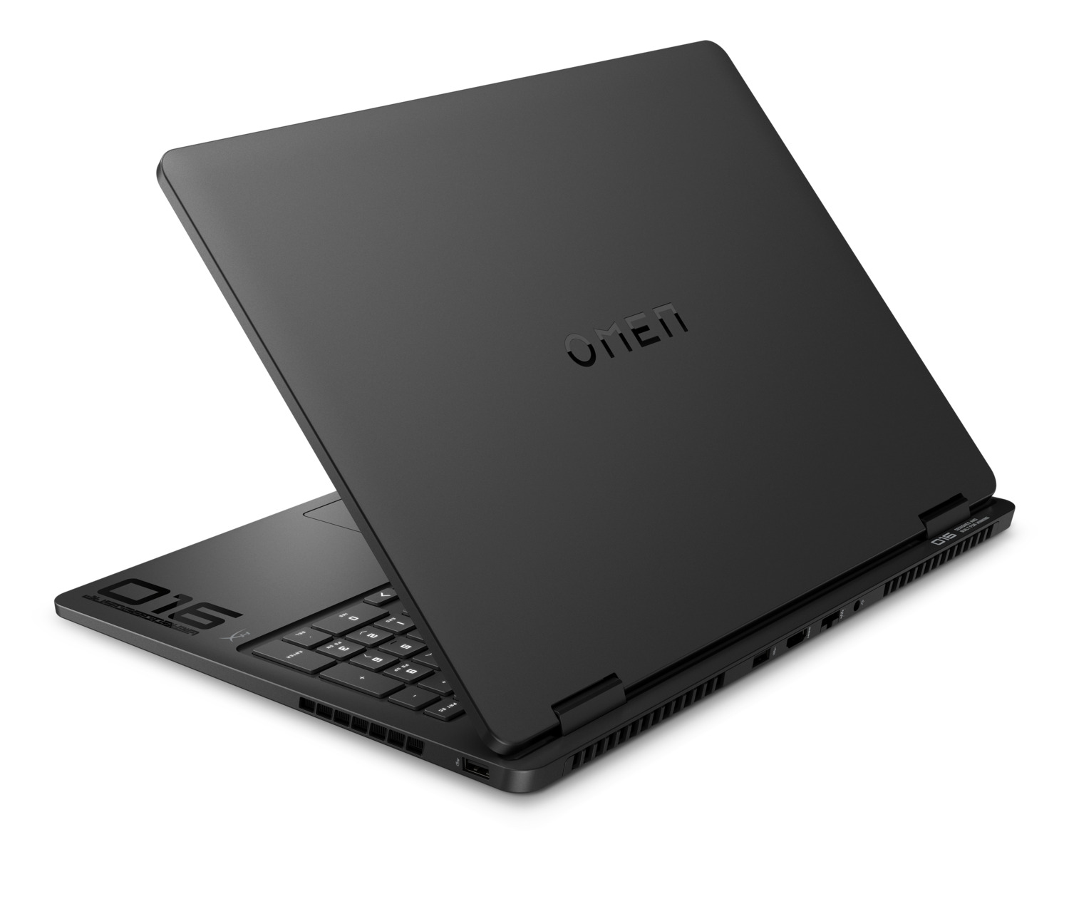 Portátil Omen negro, parcialmente abierto. La tapa muestra el logotipo OMEN. El teclado es visible, y el portátil está sobre una superficie blanca.