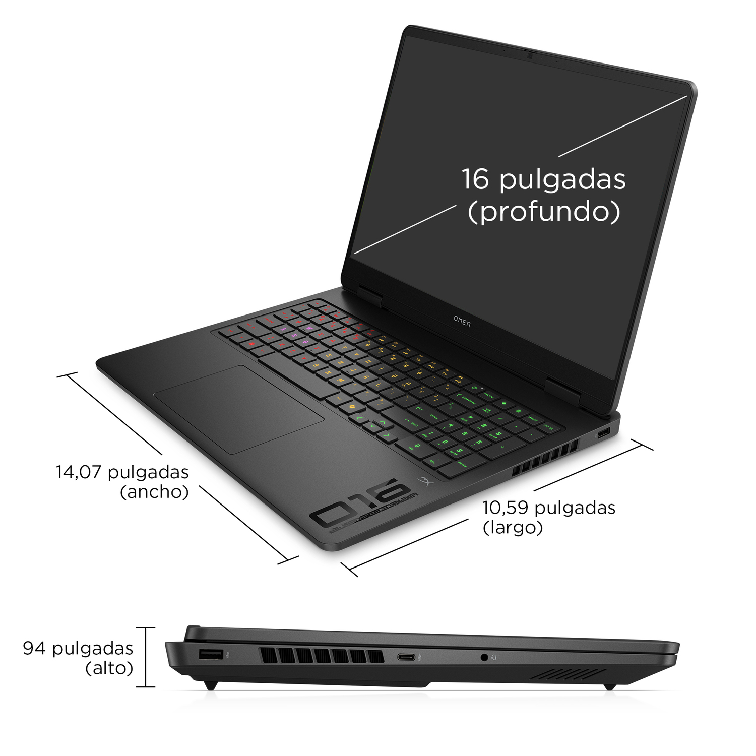 Portátil OMEN negro con medidas. La pantalla muestra 16 pulgadas. El teclado tiene iluminación colorida. Las dimensiones están etiquetadas.