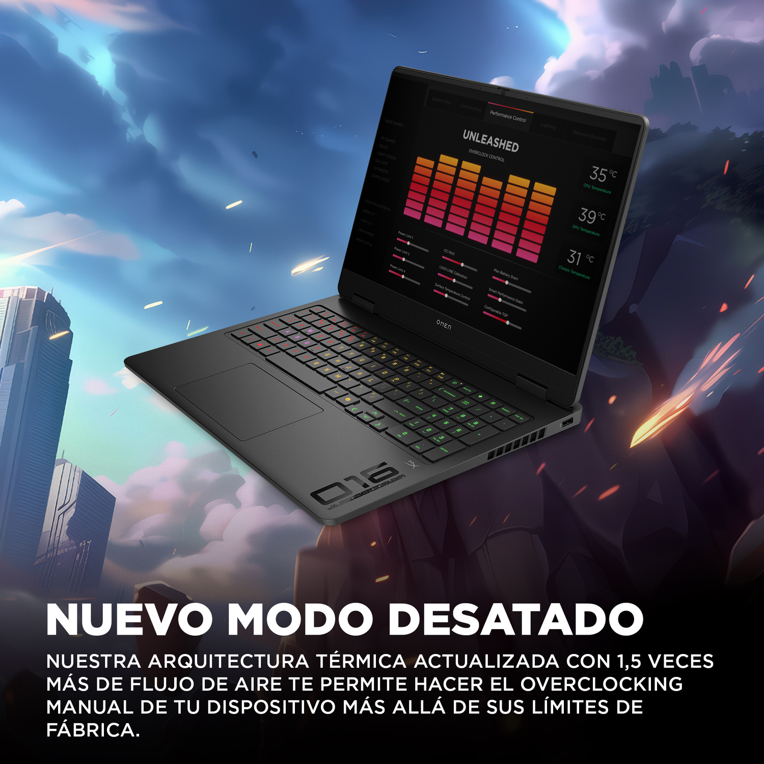 Portátil negro con datos de rendimiento. La pantalla muestra lecturas de temperatura y configuraciones. Texto: 'Nuevo Modo Desatado'.