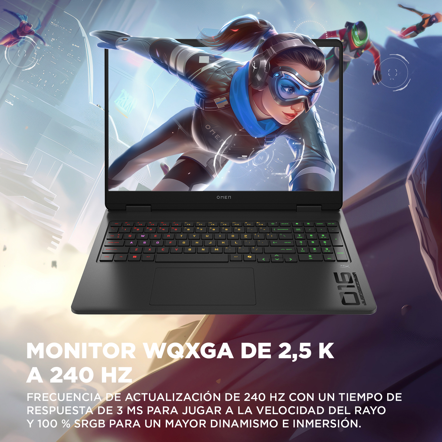 Un portátil Omen negro muestra a una mujer con gafas futuristas. El fondo muestra figuras voladoras. El texto dice: Monitor WQXGA 2.5K.