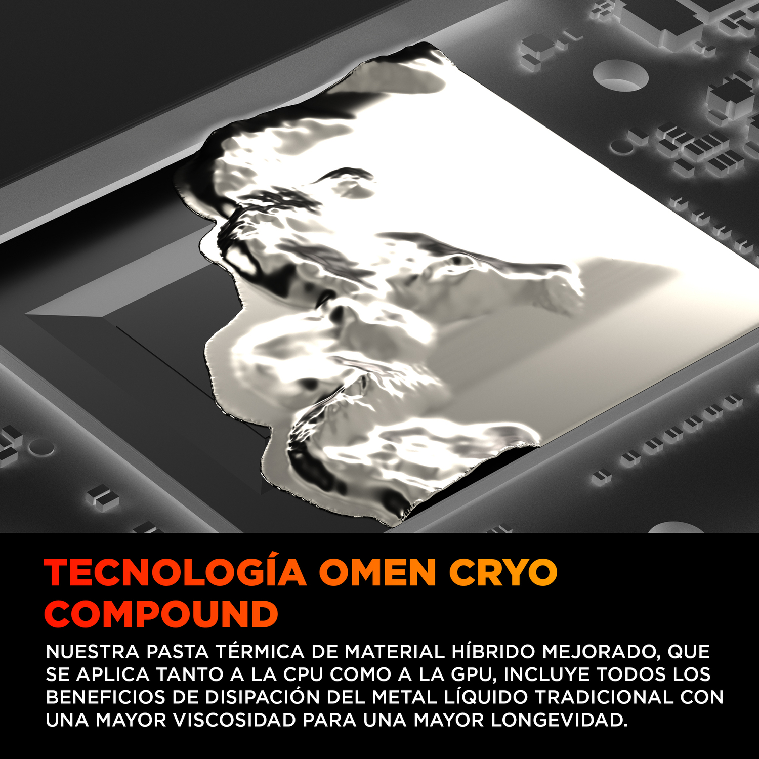 Líquido plateado sobre una placa de circuito negra. El texto dice: 'OMEN CRYO COMPOUND' y describe la pasta térmica para CPU y GPU.
