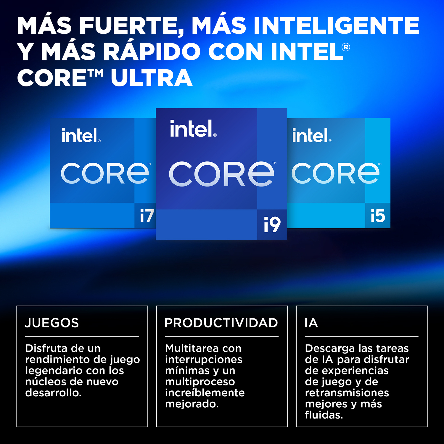 Imagen con procesadores Intel Core Ultra con marcas i7, i9 e i5, texto sobre juegos, productividad e IA sobre un fondo azul.