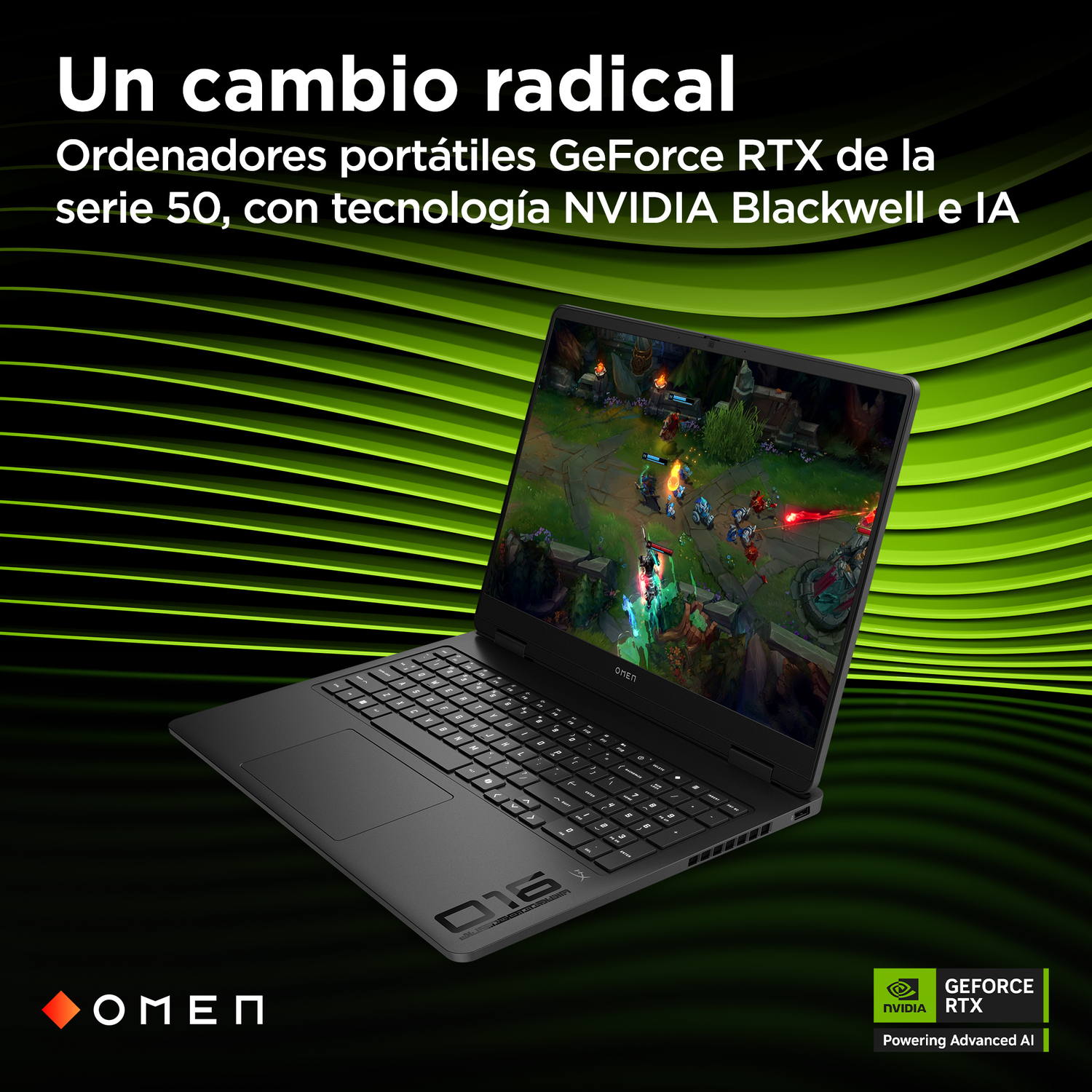 Un portátil OMEN negro muestra una escena de juego. El fondo tiene líneas verdes y el logotipo NVIDIA GeForce RTX.