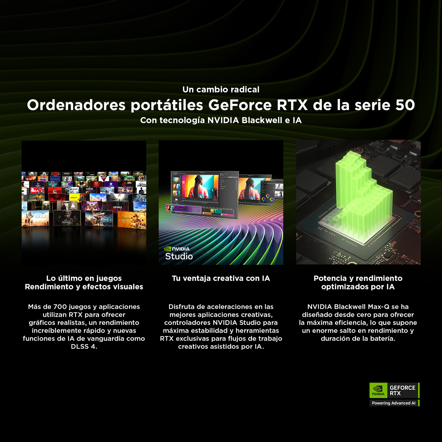 Anuncio de portátiles Nvidia GeForce RTX serie 50. Incluye juegos, apps creativas y optimización IA. Elementos gráficos verdes y logo.