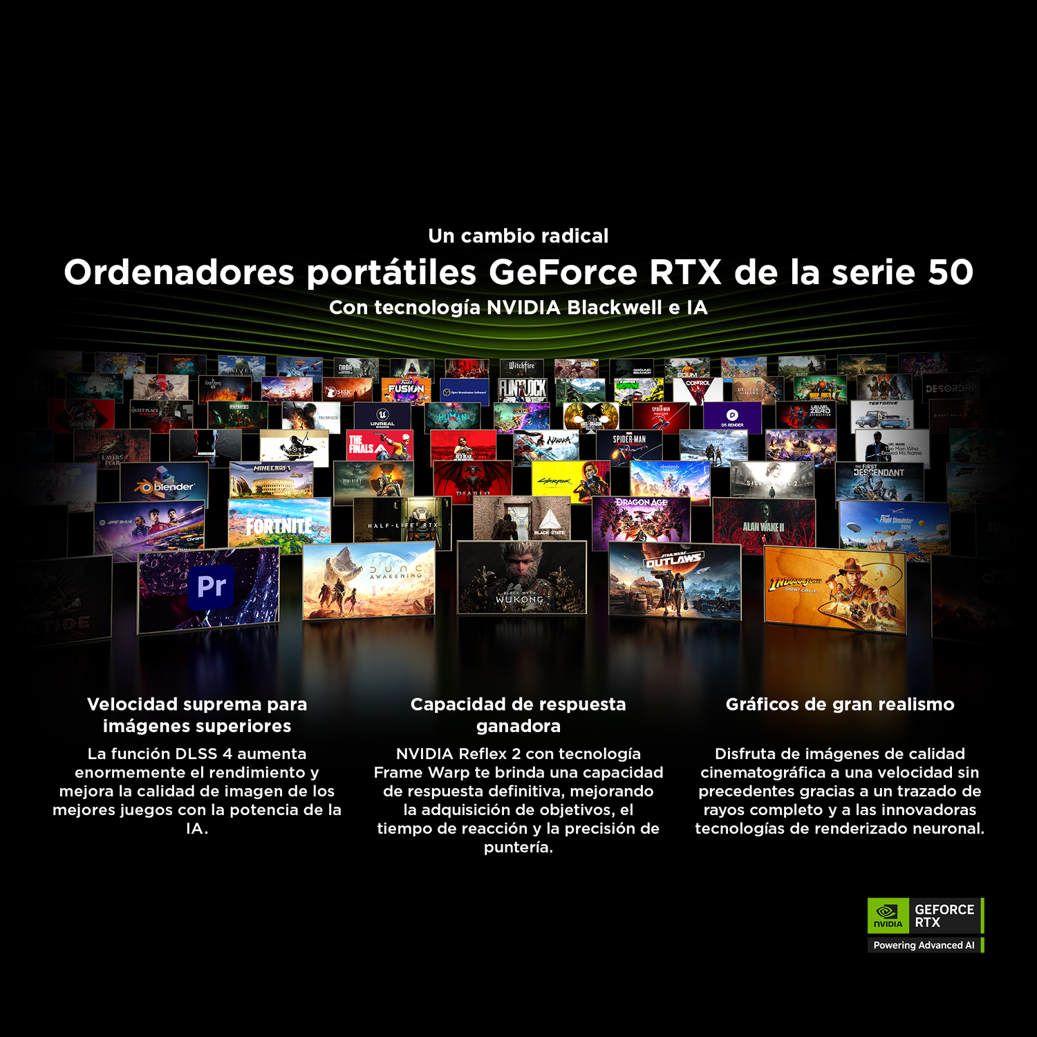 Imagen promocional para portátiles GeForce RTX serie 50. Con logotipos de juegos, texto sobre rendimiento y marca NVIDIA.