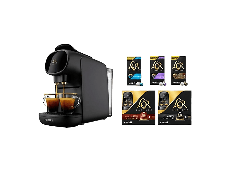 Cafetera de cápsulas - L’OR Barista Sublime LM9012/65 + 50 cápsulas, Sistema antigoteo, 2 tazas, Presión 19 bar, 0.8 l, 1450 W, Piano Noir