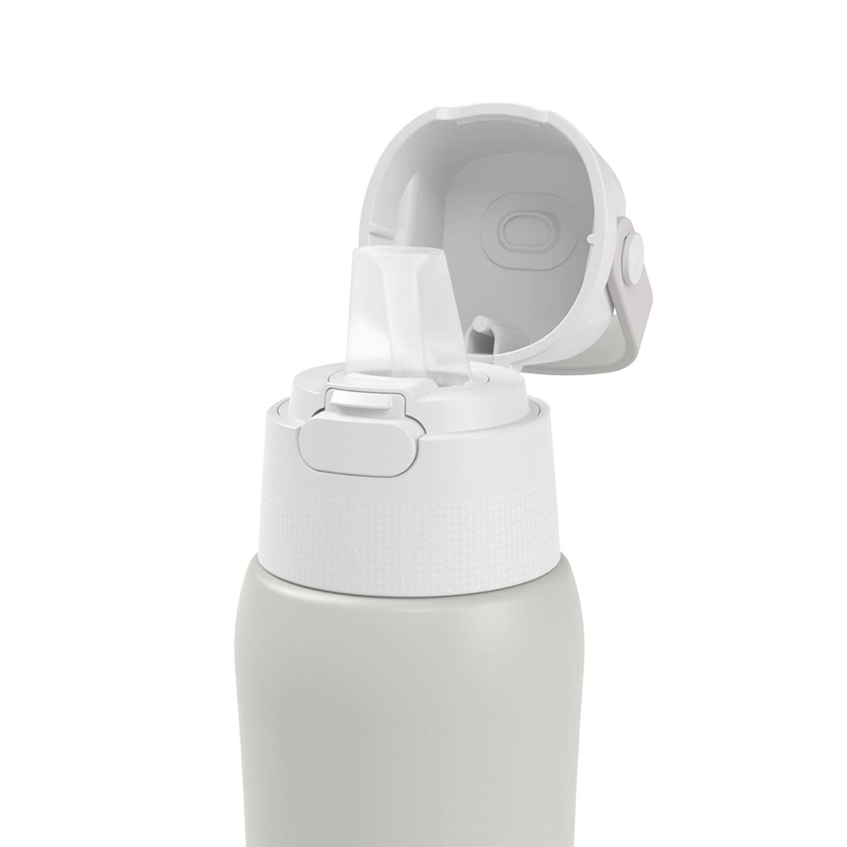 Jasnoszara butelka na wodę z białą pokrywką, która jest częściowo otwarta. Pokrywka odsłania białą wylewkę.