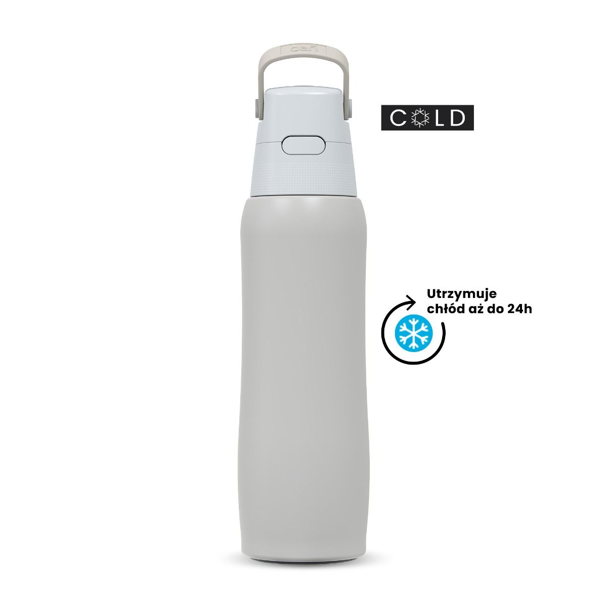 Szara butelka na wodę z białą górą i uchwytem. Tekst: 'COLD' i 'Utrzymuje zimno do 24h' z ikoną płatka śniegu.