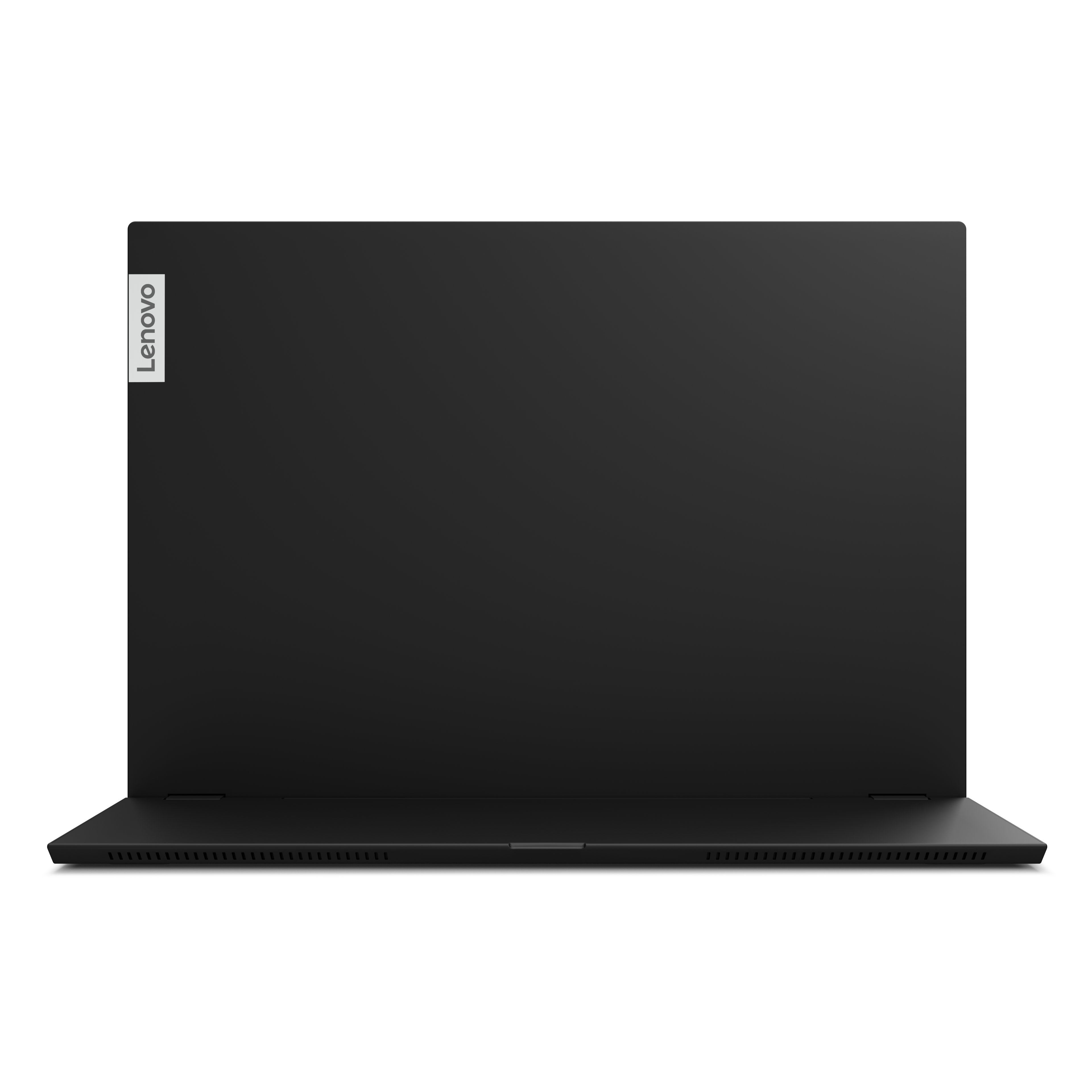 Ein schwarzer Lenovo-Laptop ist geöffnet. Das Lenovo-Logo befindet sich oben links. Der Hintergrund ist schwarz.