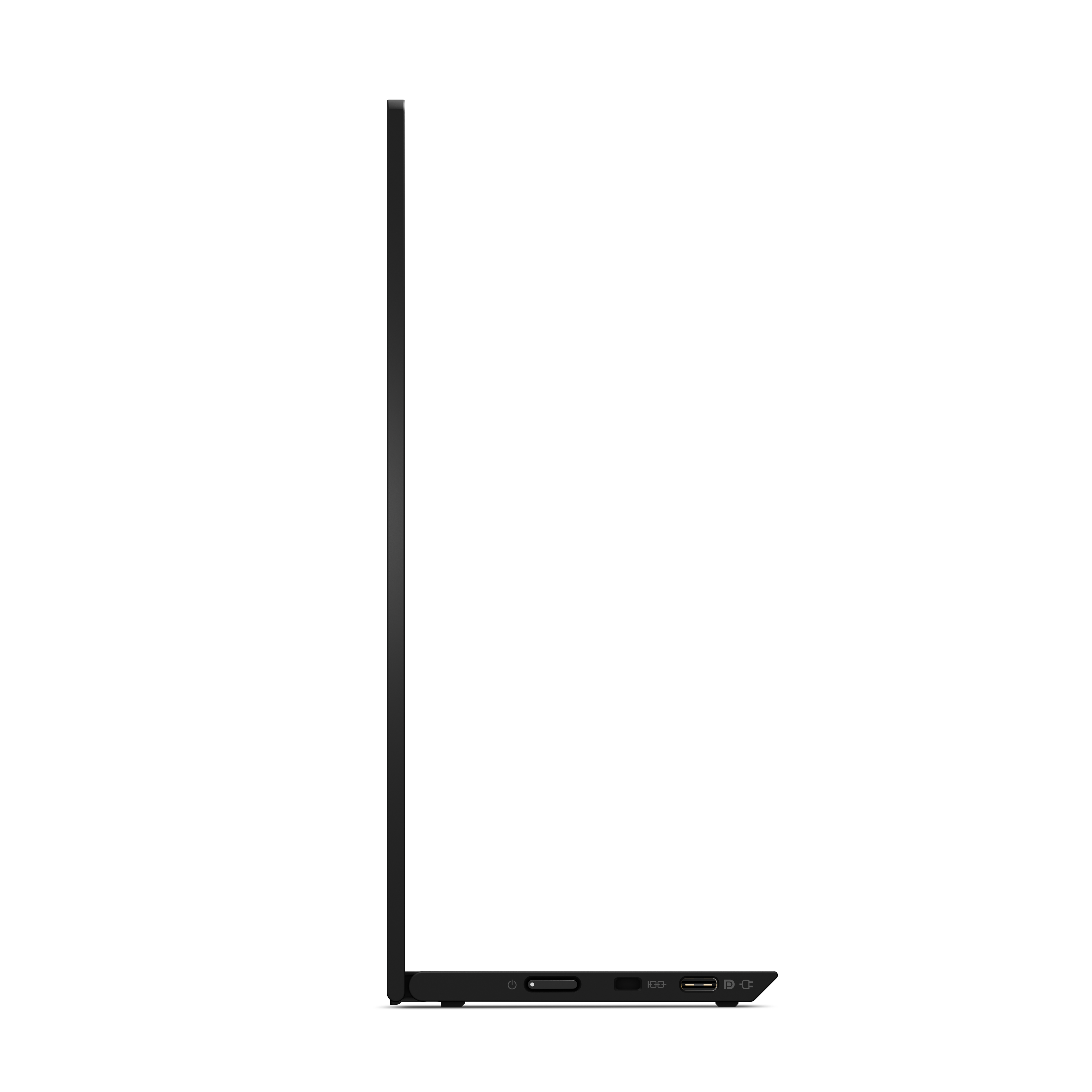 Seitenansicht eines schwarzen Laptops. Die Anschlüsse sind sichtbar. Der Hintergrund ist schwarz.