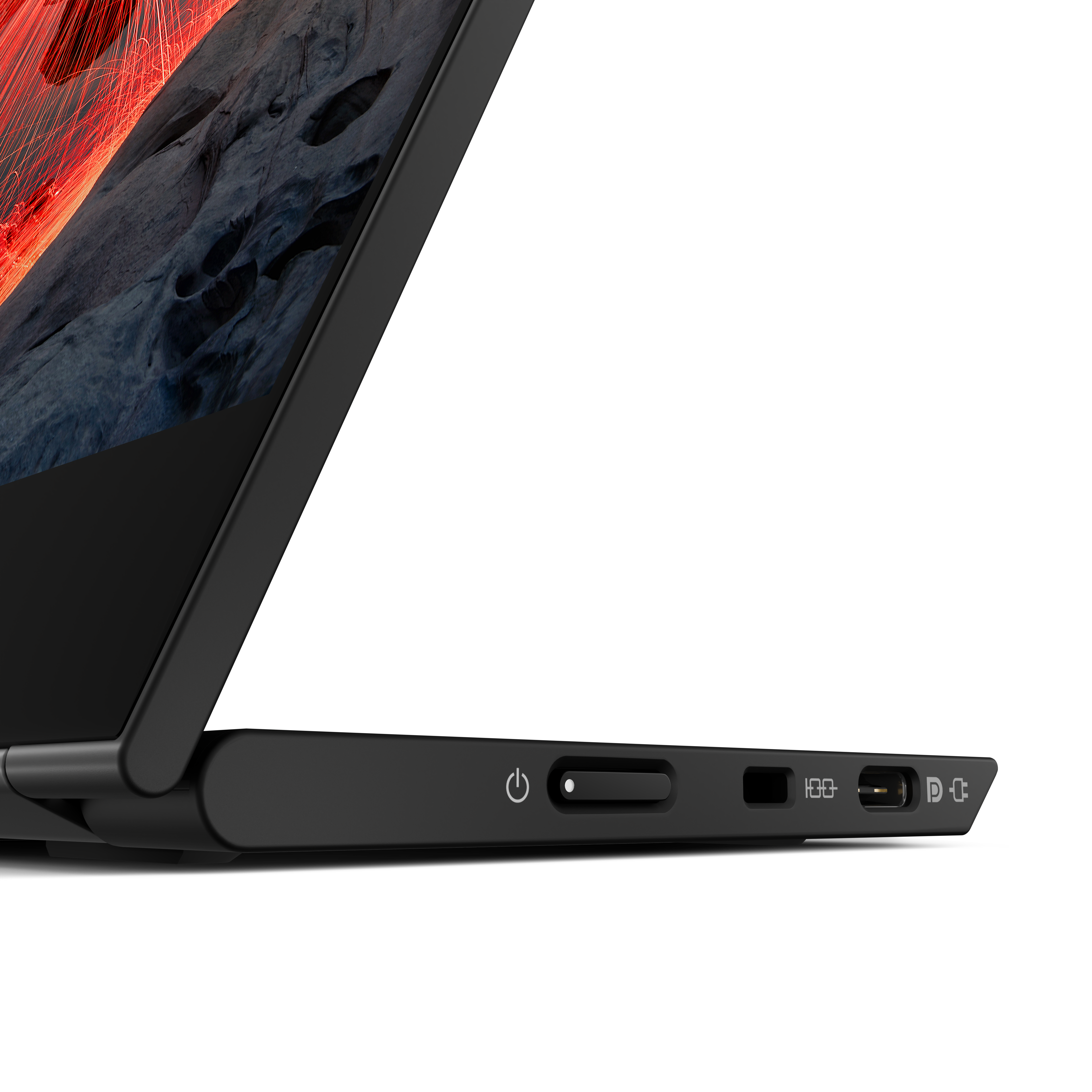 Schwarze Laptopseite mit Anschlüssen und Ein-/Ausschalter. Bildschirm zeigt rotes und graues abstraktes Muster. Weißer Hintergrund.