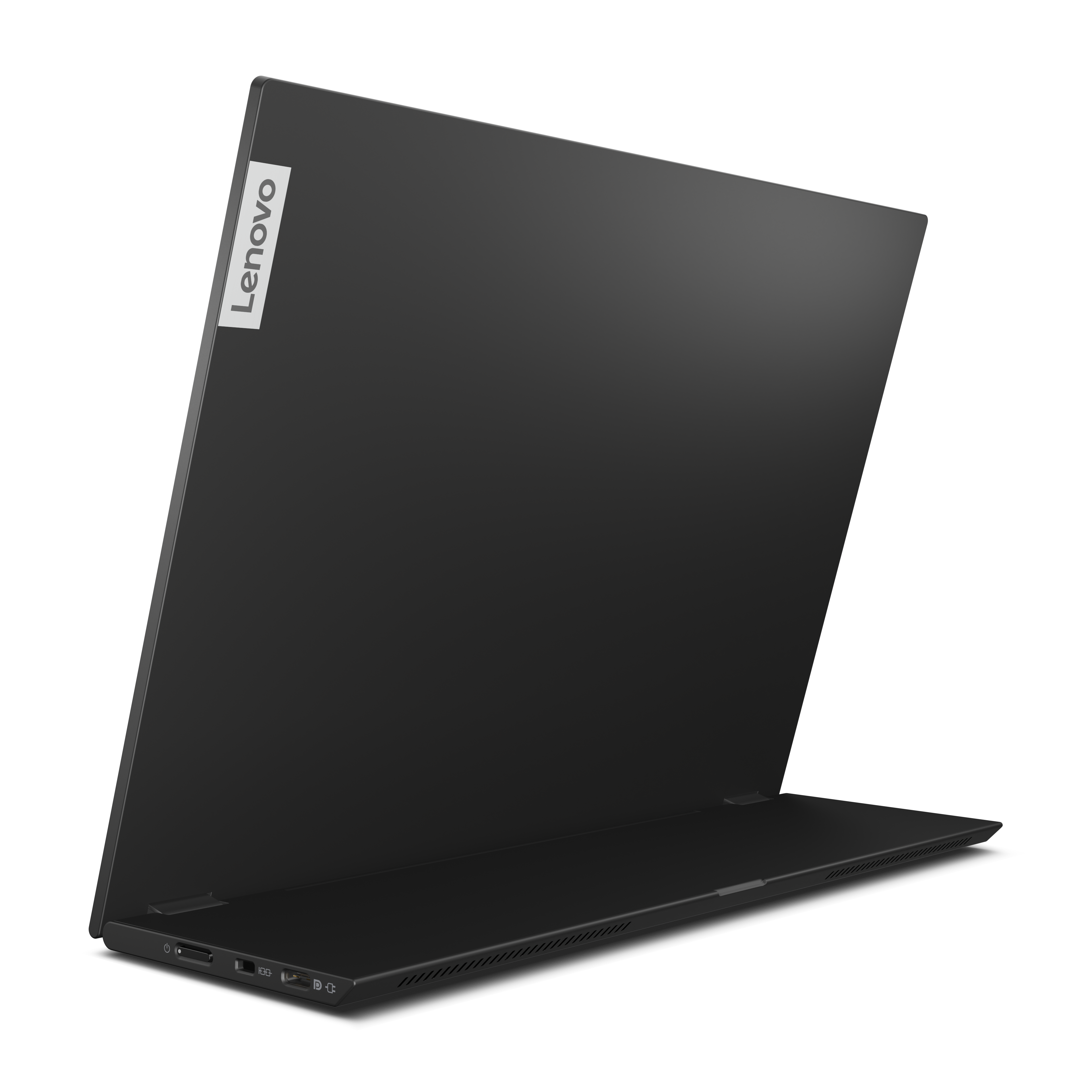 Ein schwarzer Lenovo-Laptop, leicht geöffnet, auf schwarzem Hintergrund. Das Lenovo-Logo ist sichtbar.