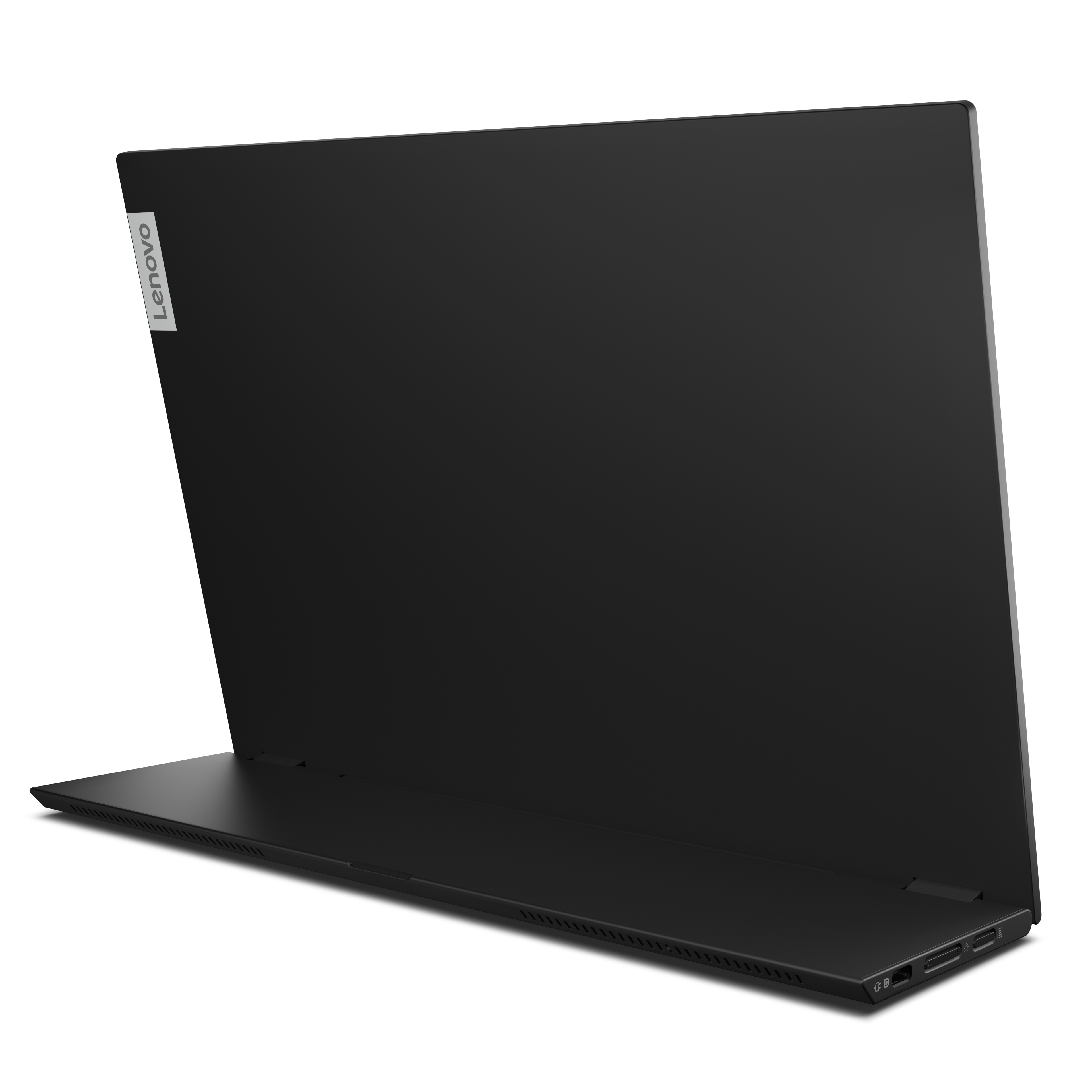 Ein schwarzes Lenovo-Laptop ist leicht geöffnet vor einem schwarzen Hintergrund. Das Lenovo-Logo ist sichtbar.