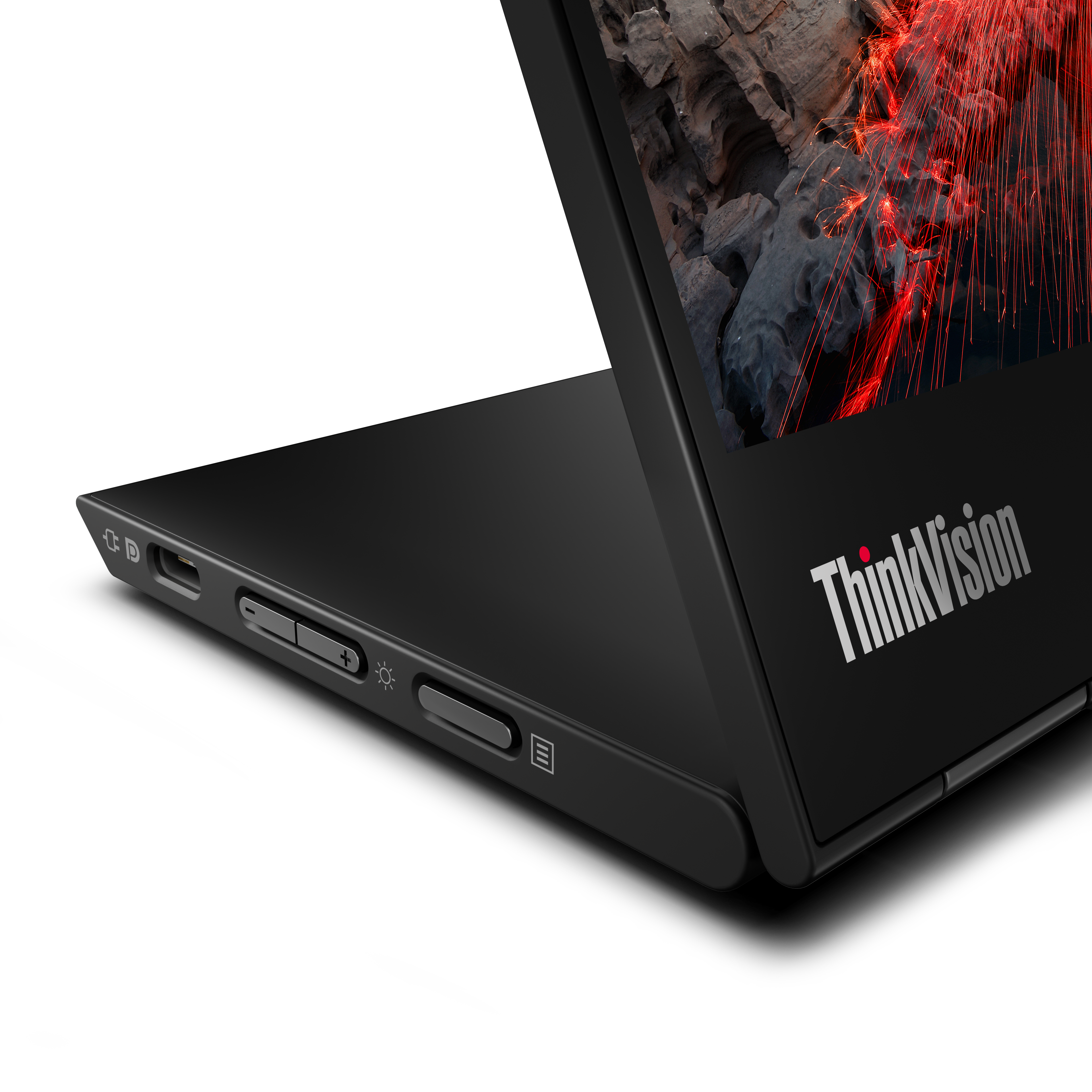 Schwarzer ThinkVision-Laptop, teilweise geöffnet, zeigt einen Bildschirm mit einer Felsformation und roten Streifen. Seitenansicht zeigt Anschlüsse und Tasten.